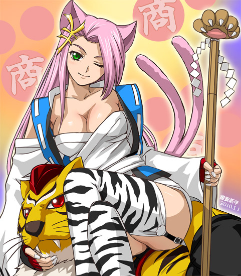 haruyama kazunori, koma (srw), lee (endless frontier), banpresto, super robot wars, super robot wars og saga mugen no frontier, 10s, 1girl, 2010, animal ears, breasts, cat ears, cat tail, cleavage, crossed legs, gohei, green eyes, large breasts, long hair, multiple tails, new year, one eye closed, pink hair, red eyes, sitting, tail, thighhighs, tiger, wink