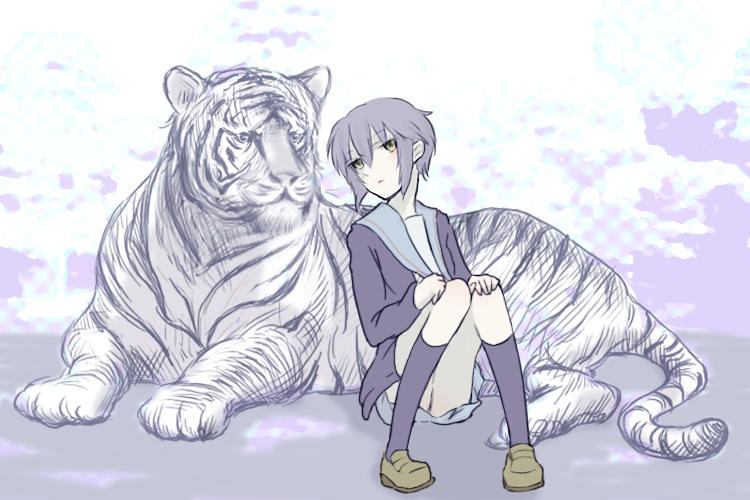 nouzu, nagato yuki, suzumiya haruhi no yuuutsu, bad id, bad pixiv id, 00s, grey hair, school uniform, serafuku, short hair, solo, tiger