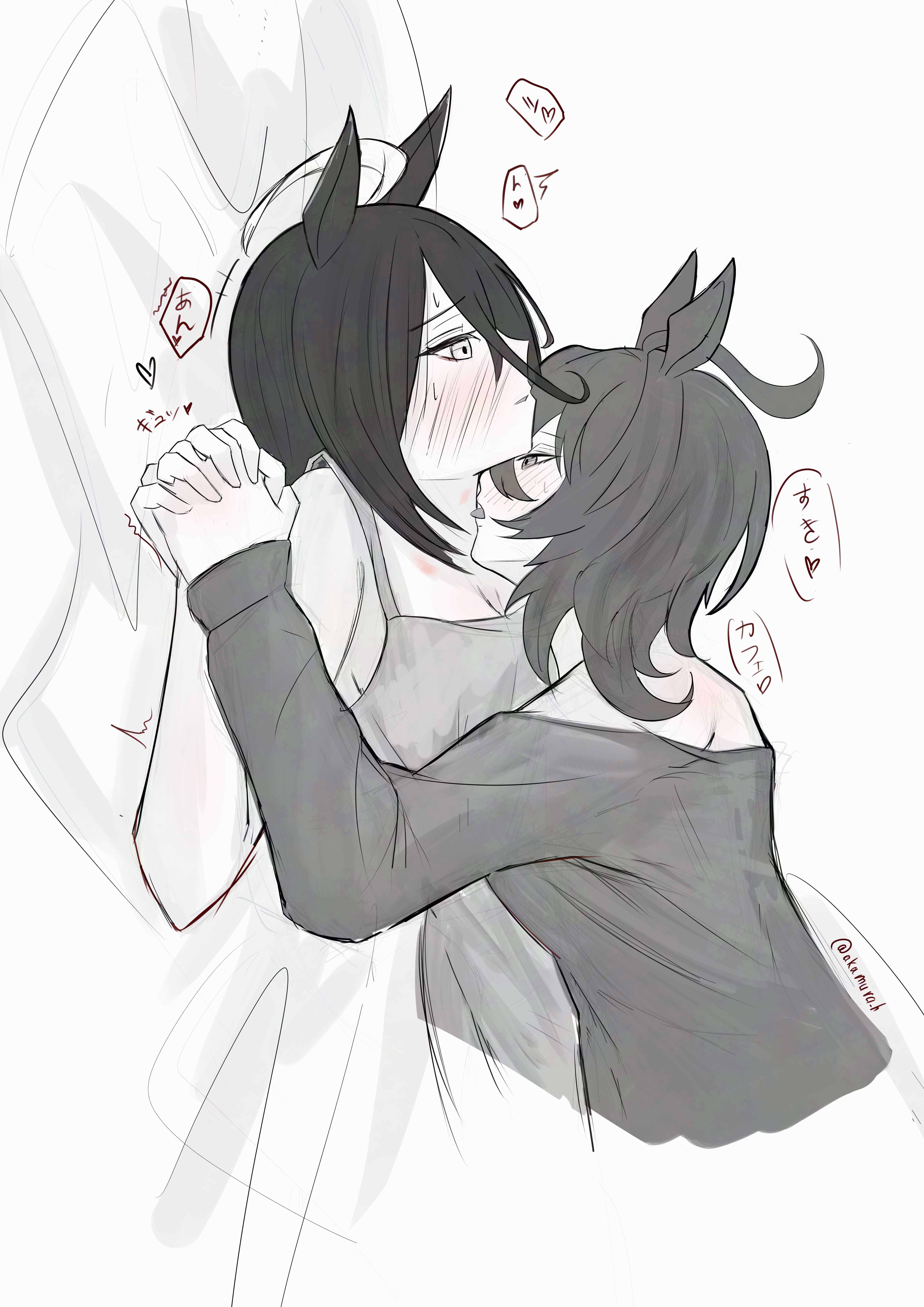 agnes tachyon (umamusume), manhattan cafe (umamusume), umamusume, absurdres, highres, translation request, 2girls, ahoge, akamura h, animal ears, blush, breasts, camisole, cleavage, greyscale, hair between eyes, heart, horse ears, horse girl, interlocked fingers, licking, licking another's neck, long bangs, long hair between eyes, long sleeves, medium hair, monochrome, multicolored hair, multiple girls, off-shoulder shirt, off shoulder, shirt, sidelocks, speech bubble, sweatdrop, yuri