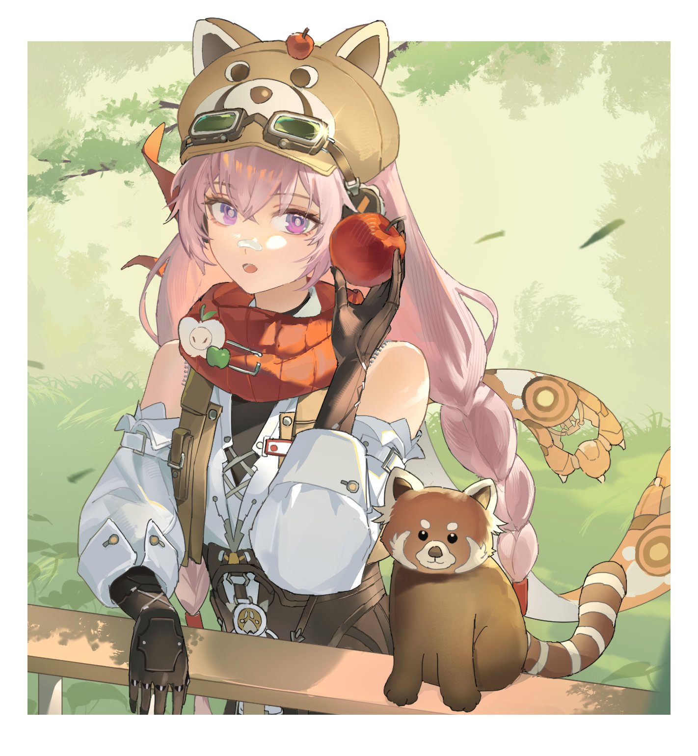 zhongyuanqing, teddy (pgr), punishing: gray raven, hashtag-only commentary, highres, 1girl, against railing, animal hat, apple, bandaid, bandaid on face, bare shoulders, border, braid, brown vest, center cross lace, detached sleeves, food, fruit, goggles, goggles on headwear, grass, hair between eyes, hand up, hat, holding, holding food, holding fruit, long hair, long sleeves, looking at viewer, mechanical hands, open mouth, outdoors, pink eyes, railing, red panda, red scarf, scarf, sidelocks, solo, standing, teddy: spectre (poetic journey) (pgr), twin braids, upper body, vest, white border, white sleeves