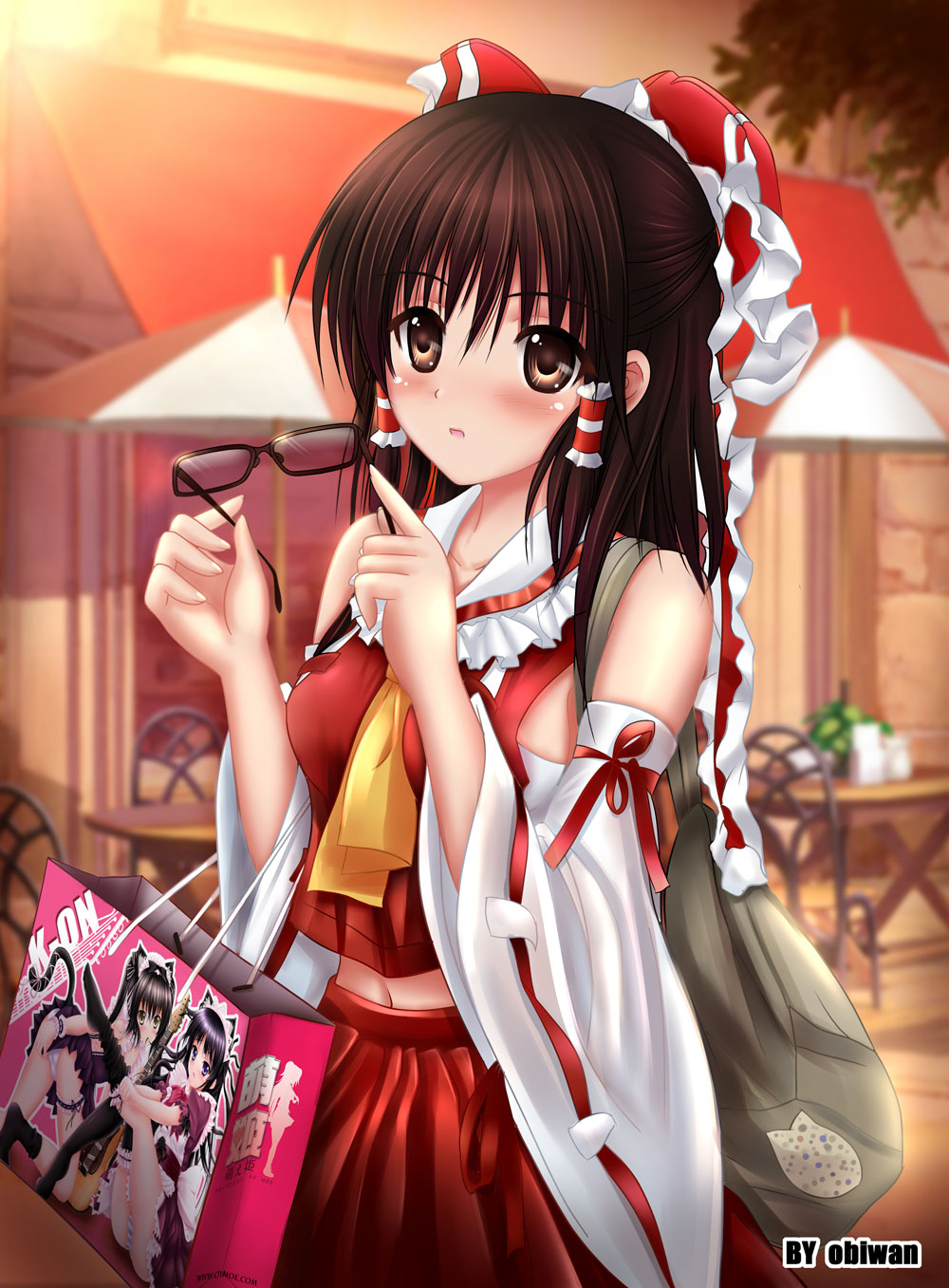 obiwan, akiyama mio, hakurei reimu, nakano azusa, k-on!, touhou, highres, 00s, 1girl, bespectacled, brown hair, detached sleeves, female focus, glasses, holding, holding removed eyewear, japanese clothes, miko, navel, solo, unworn eyewear