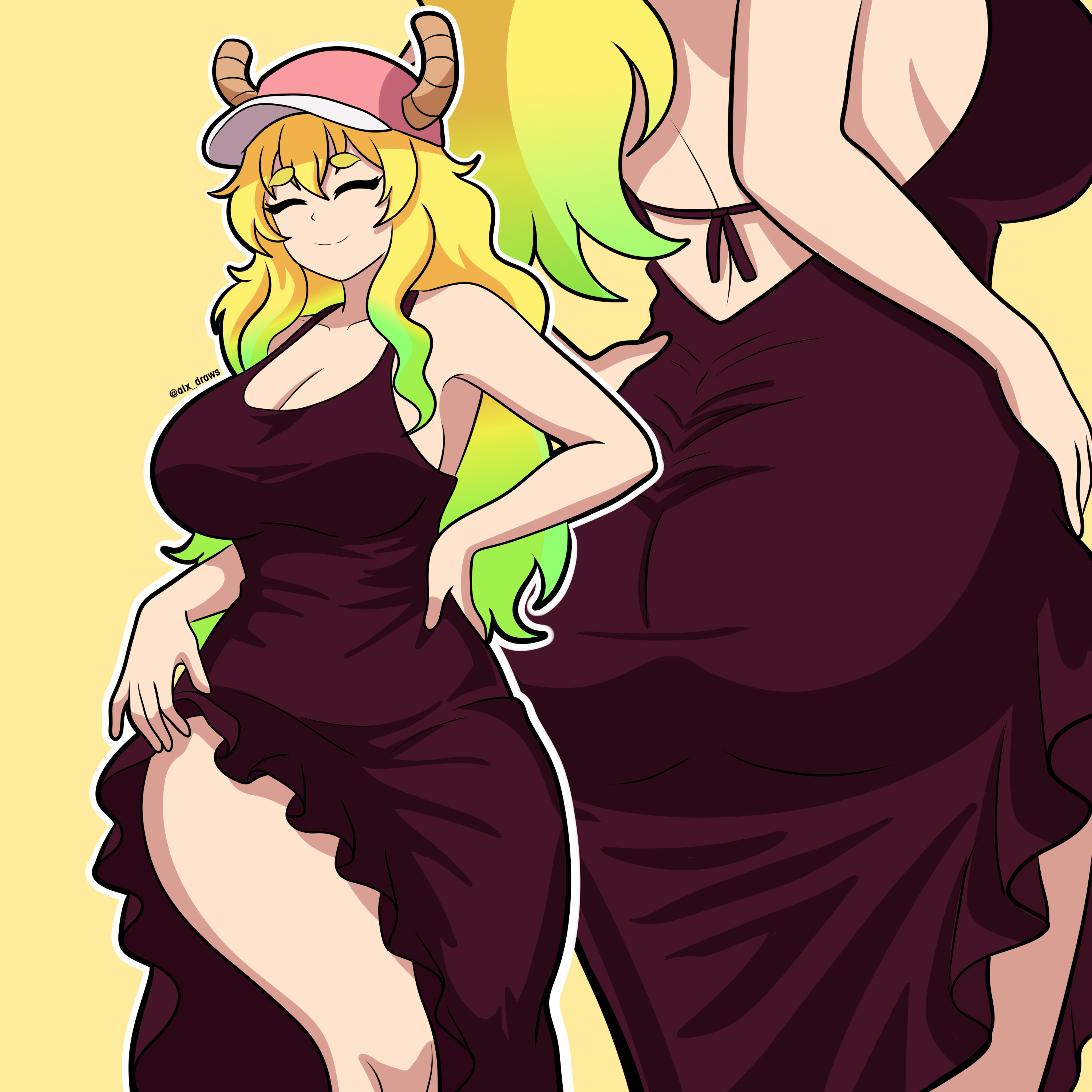 alx draws, lucoa (maidragon), kobayashi-san chi no maidragon, absurdres, commentary, highres, 1girl, alternate costume, ass, backboob, baseball cap, blonde hair, blush, breasts, cleavage, closed eyes, dragon girl, dragon horns, dress, gradient hair, green hair, hat, horns, horns through headwear, huge breasts, large breasts, long hair, looking at viewer, multicolored hair, pink hat, red dress, smile, solo