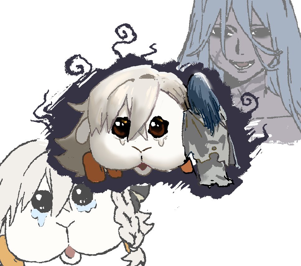 olga marie animusphere, olga marie animusphere (unbeast), fate/grand order, fate (series), pui pui molcar, azrael (grand assassin) (fate), blue hair, braid, car, colored skin, crossover, grey skin, hamster, long hair, mahouse600, molcar, motor vehicle, scar, smile, tears, torn clothes, very long hair, white hair