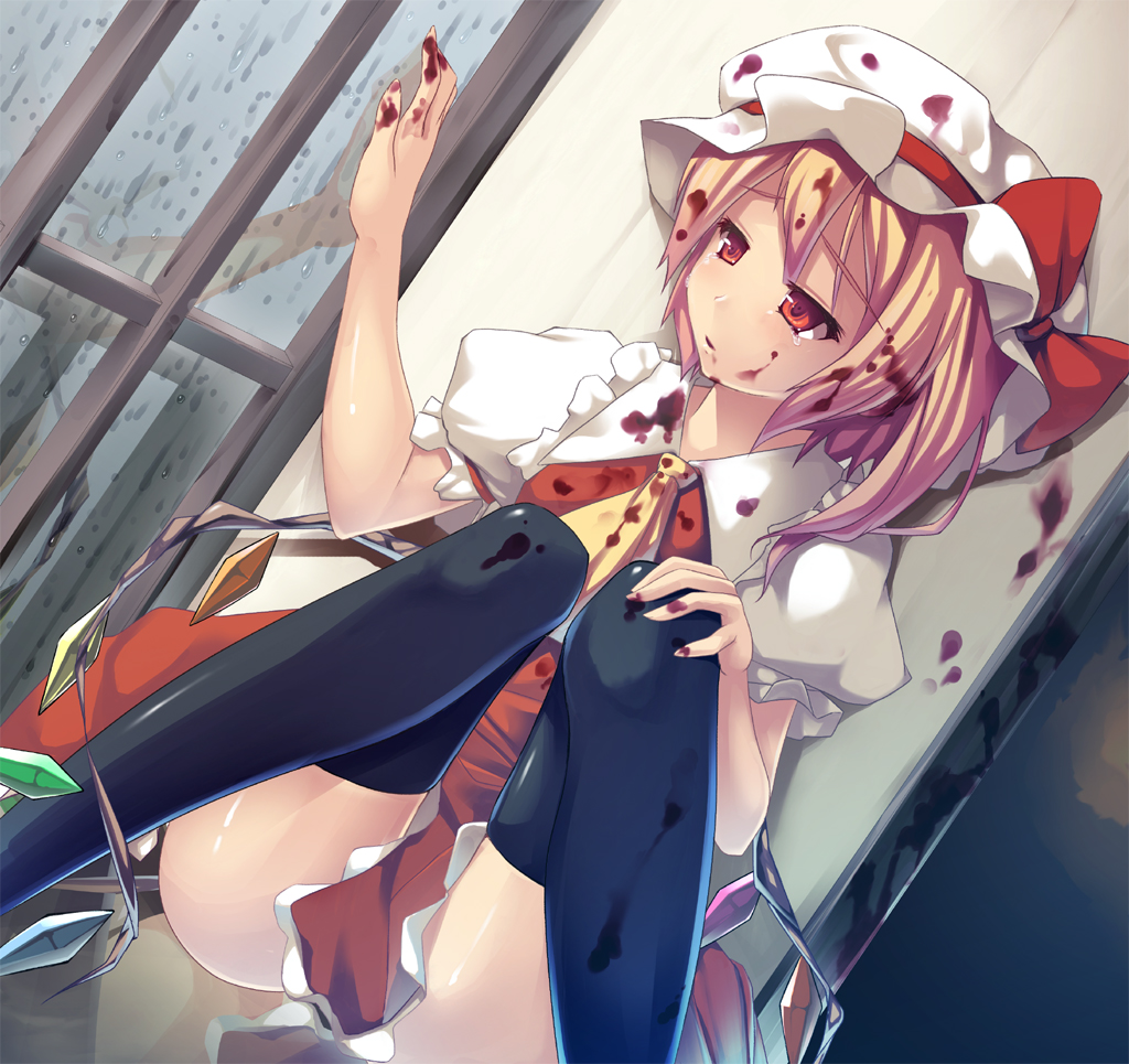 ichio, flandre scarlet, embodiment of scarlet devil, touhou, 1girl, against wall, black thighhighs, blonde hair, blood, bow, female focus, hat, indoors, latex, rain, red eyes, sitting, solo, tears, thighhighs, windowsill