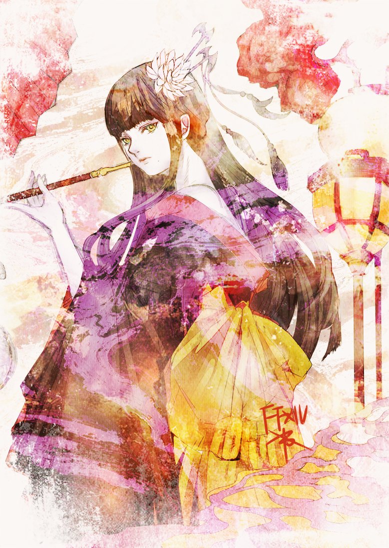 ruka (blueplus84), yotsuyu goe brutus, final fantasy, final fantasy xiv, commentary, 1girl, bare shoulders, black hair, copyright name, flower, green eyes, hair flower, hair ornament, hair stick, holding, holding smoking pipe, hyur, kiseru, long hair, off shoulder, smoking pipe, solo, white flower