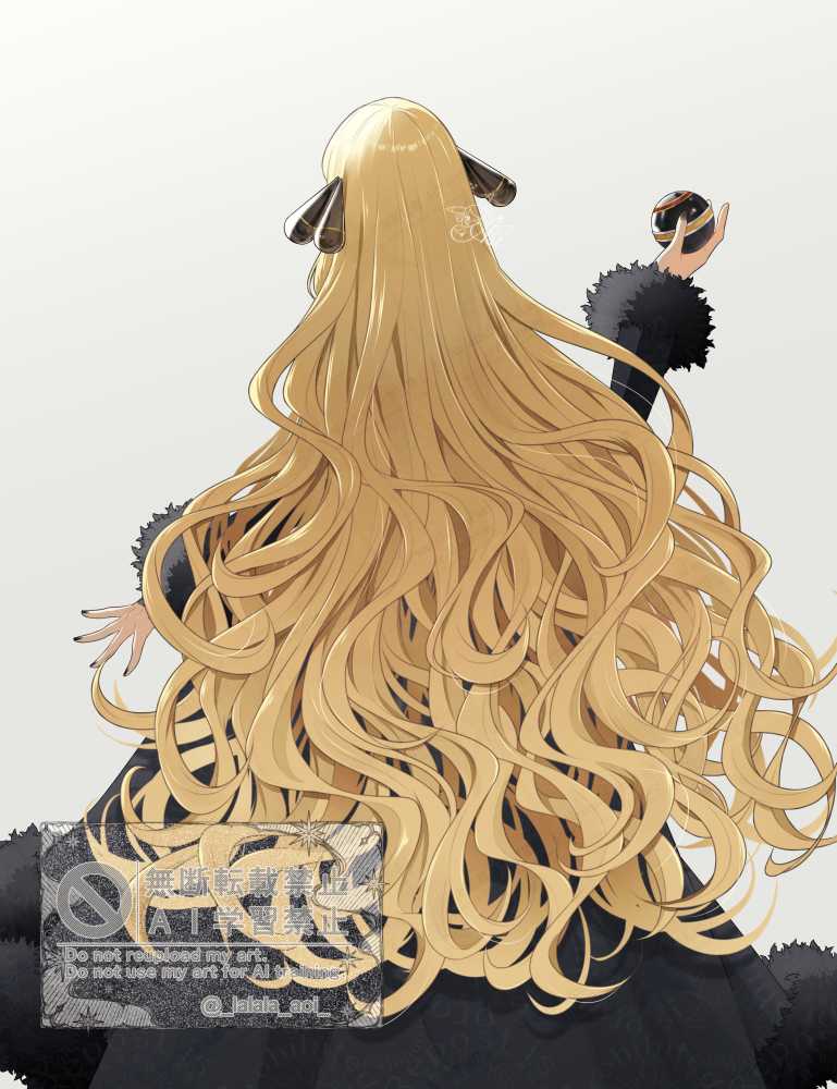 sakaralalala, cynthia (pokemon), nintendo, pokemon, pokemon dppt, 1girl, back, black dress, blonde hair, dress, hair ornament, holding, long hair, luxury ball, poke ball, simple background, solo, watermark