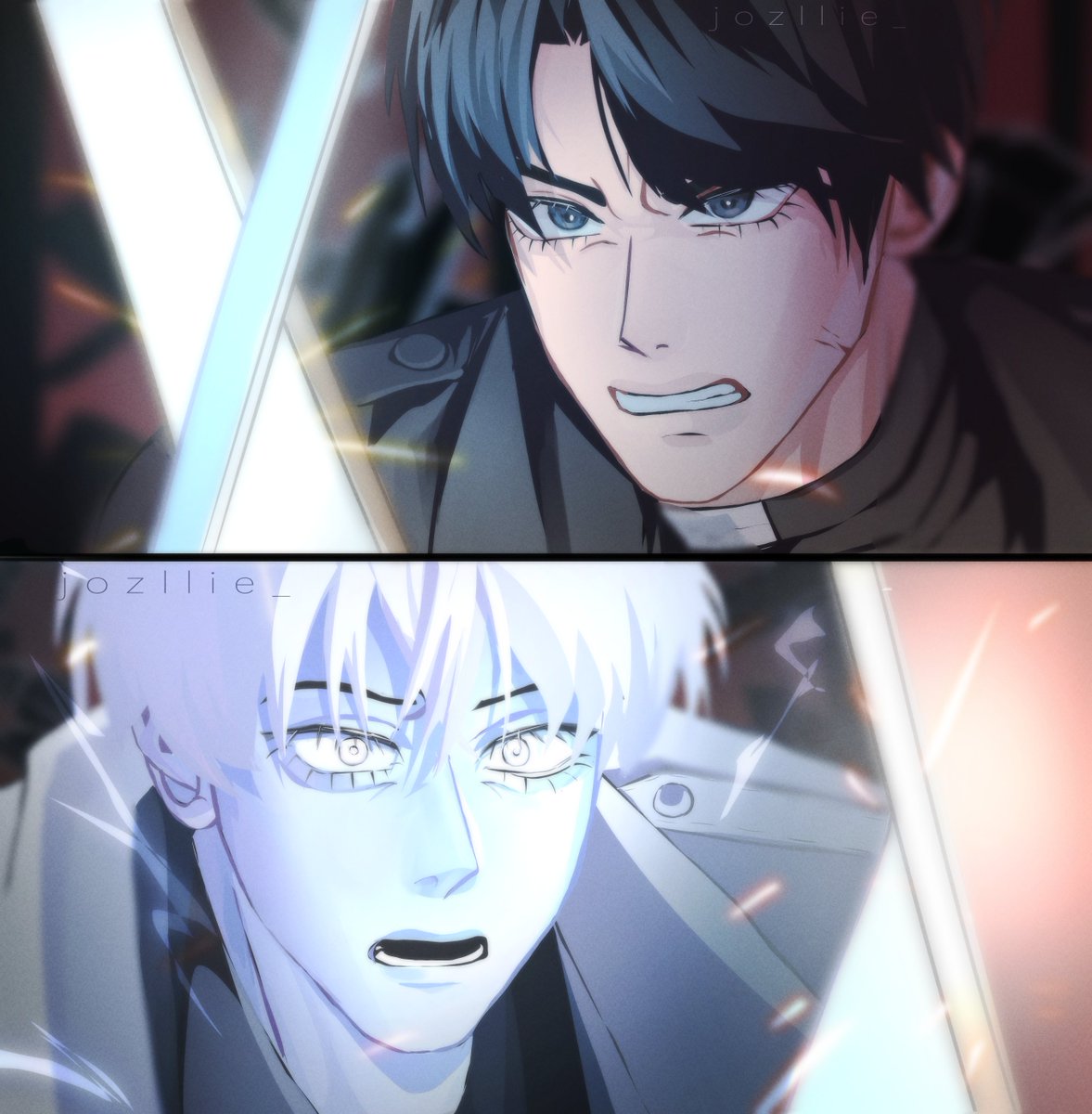 jozllie, kim dokja, yoo joonghyuk, omniscient reader's viewpoint, commentary, english commentary, highres, 2boys, aegyo sal, black coat, black eyes, black hair, black shirt, clenched teeth, coat, collared shirt, embers, furrowed brow, holding, holding sword, holding weapon, looking at viewer, multiple boys, open clothes, open coat, popped collar, portrait, serious, shirt, short hair, sword, teeth, weapon, white coat