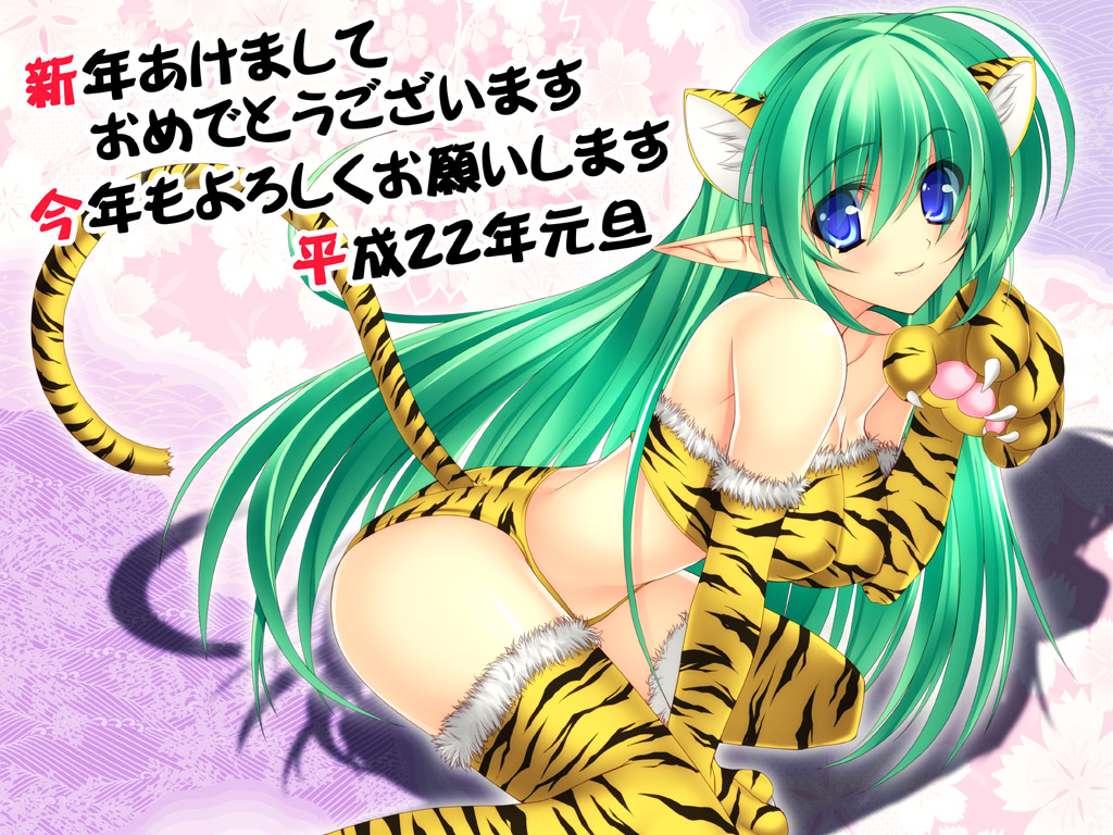 takeda aranobu, original, character request, source request, 1girl, animal ears, animal hands, animal print, bare shoulders, bikini, blue eyes, breasts, elf, fang, female focus, green hair, long hair, new year, pointy ears, smile, solo, swimsuit, tail, thighhighs, tiger ears, tiger paws, tiger print