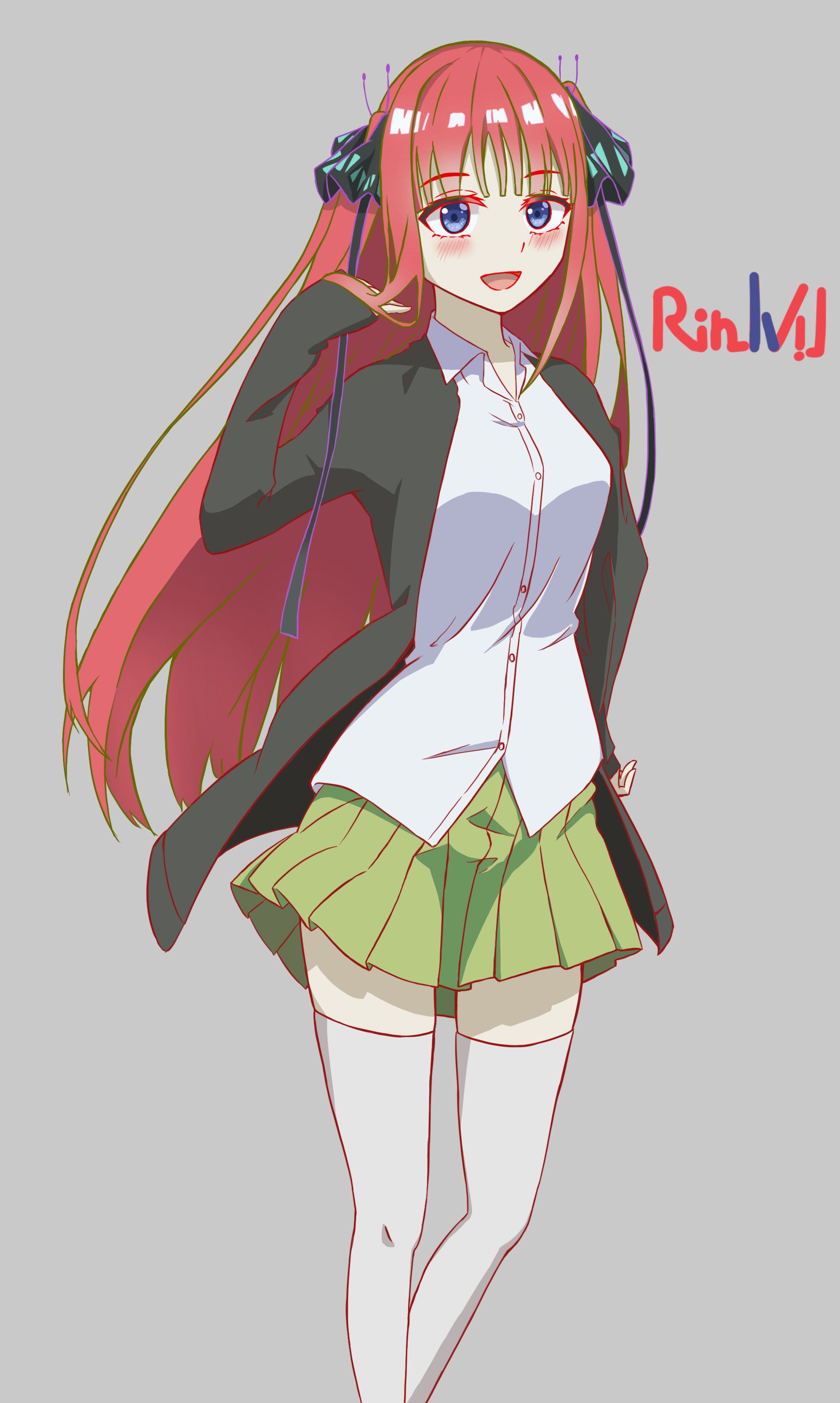 nakano nino, go-toubun no hanayome, absurdres, artist request, commentary, highres, 1girl, blue eyes, flower, hair flower, hair ornament, hairclip, long hair, looking at viewer, simple background, skirt, solo, thighhighs