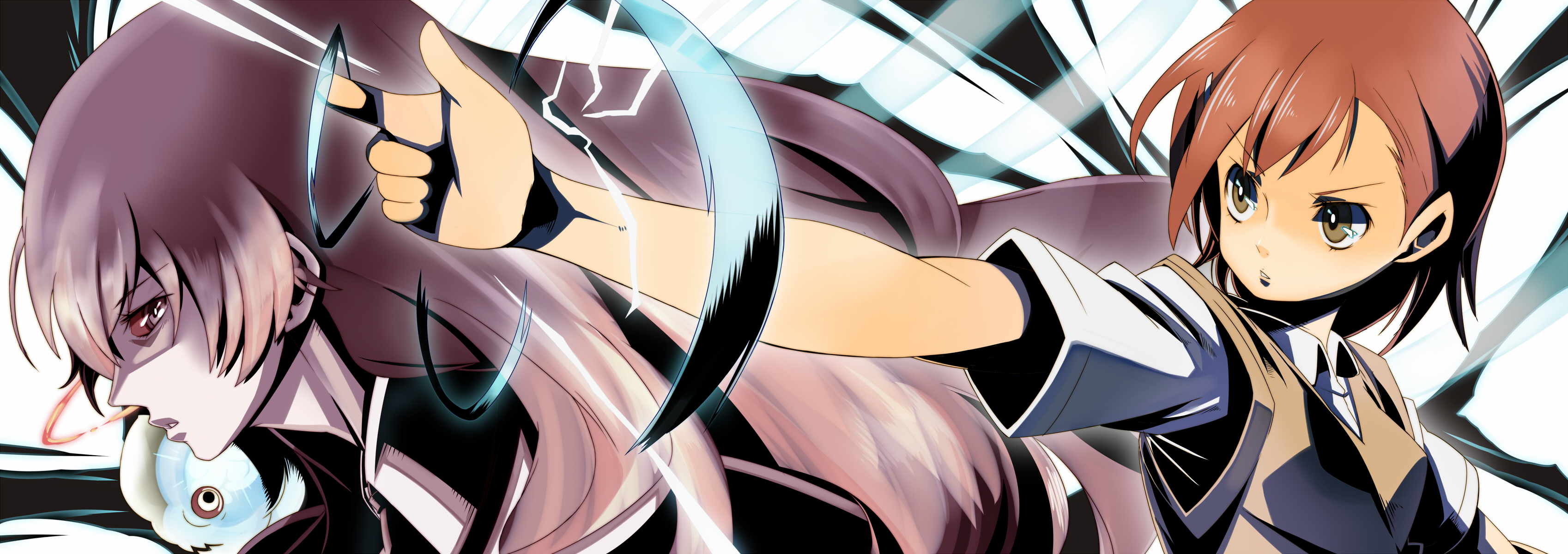 hajime (hajime-ill-1st), kiyama harumi, misaka mikoto, toaru kagaku no railgun, toaru majutsu no index, absurdres, bad id, bad pixiv id, highres, long image, wide image, 00s, brown hair, electricity, electrokinesis, hair ornament, hairclip, school uniform, short hair