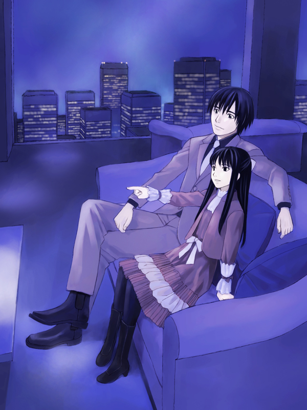 takano masayuki, kuroe kurose, misaki minato, blood alone, black hair, boots, couch, long hair, pantyhose, pointing, vampire