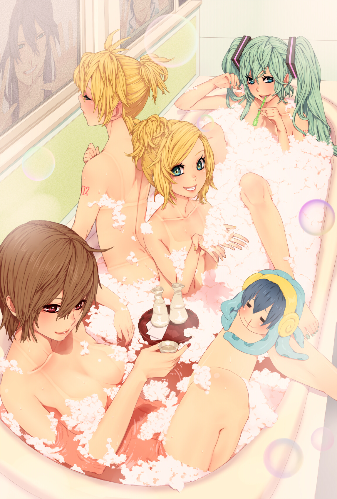 nayu, hatsune miku, kagamine len, kagamine rin, kaito (vocaloid), kamui gakupo, megurine luka, meiko (vocaloid), takoluka, vocaloid, highres, 3boys, 3girls, alcohol, aqua hair, aqua nails, barefoot, bath, bikini tan, blonde hair, blood, blue eyes, blush, breasts, brown hair, bubble, bubble bath, censored, convenient censoring, green hair, grin, medium breasts, mixed-sex bathing, multiple boys, multiple girls, nail polish, nosebleed, nude, red eyes, red nails, ripples, sake, shared bathing, small breasts, smile, soap bubbles, soap censor, tan, tanline, toenail polish, toenails, toes, trap, twintails, yellow nails