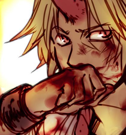 re ghotion, hoshiguma yuugi, touhou, lowres, 1girl, blonde hair, blood, cuffs, female focus, horns, red eyes, serious, shackles, single horn, solo