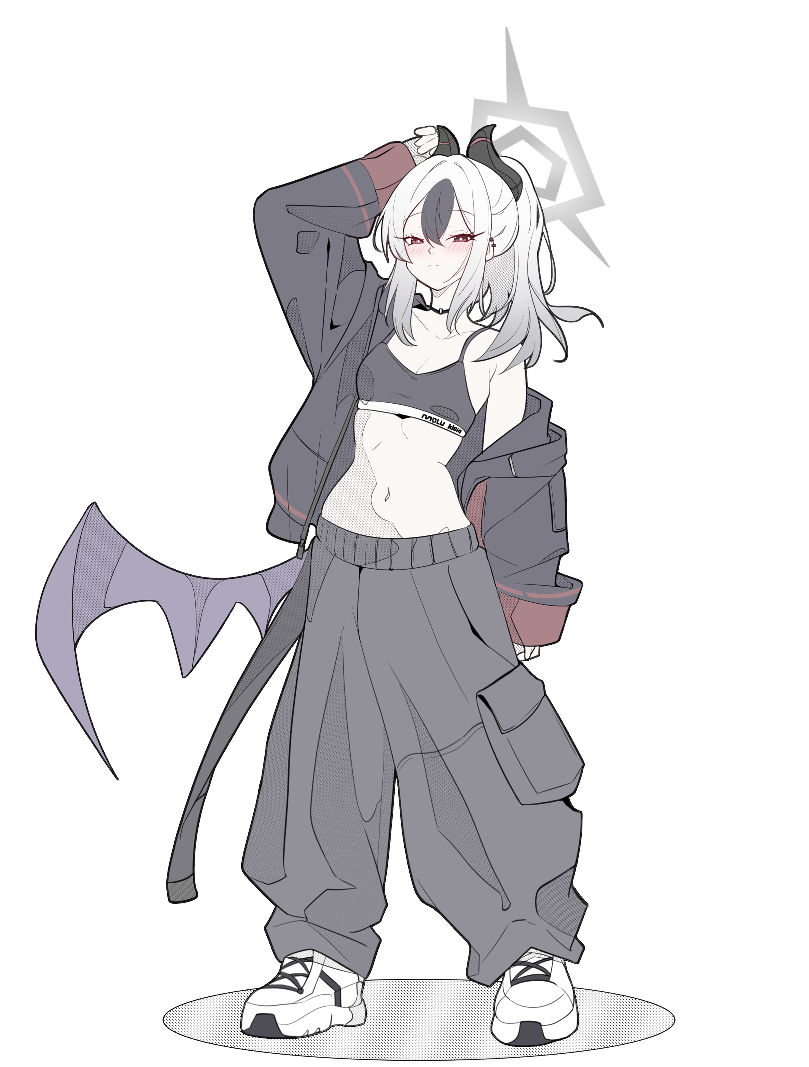 amebrew, kayoko (blue archive), blue archive, absurdres, commentary request, highres, 1girl, alternate costume, arm up, armpit crease, baggy pants, black choker, black jacket, black pants, black sports bra, black streaks, blush, breasts, choker, cleavage, collarbone, demon horns, frown, full body, grey hair, grey halo, halo, horns, jacket, multicolored hair, navel, o-ring, o-ring choker, open clothes, open jacket, pants, red eyes, shoes, simple background, single bare shoulder, single wing, small breasts, sneakers, solo, spiked halo, split mouth, sports bra, standing, stomach, streaked hair, white background, white shoes, wings