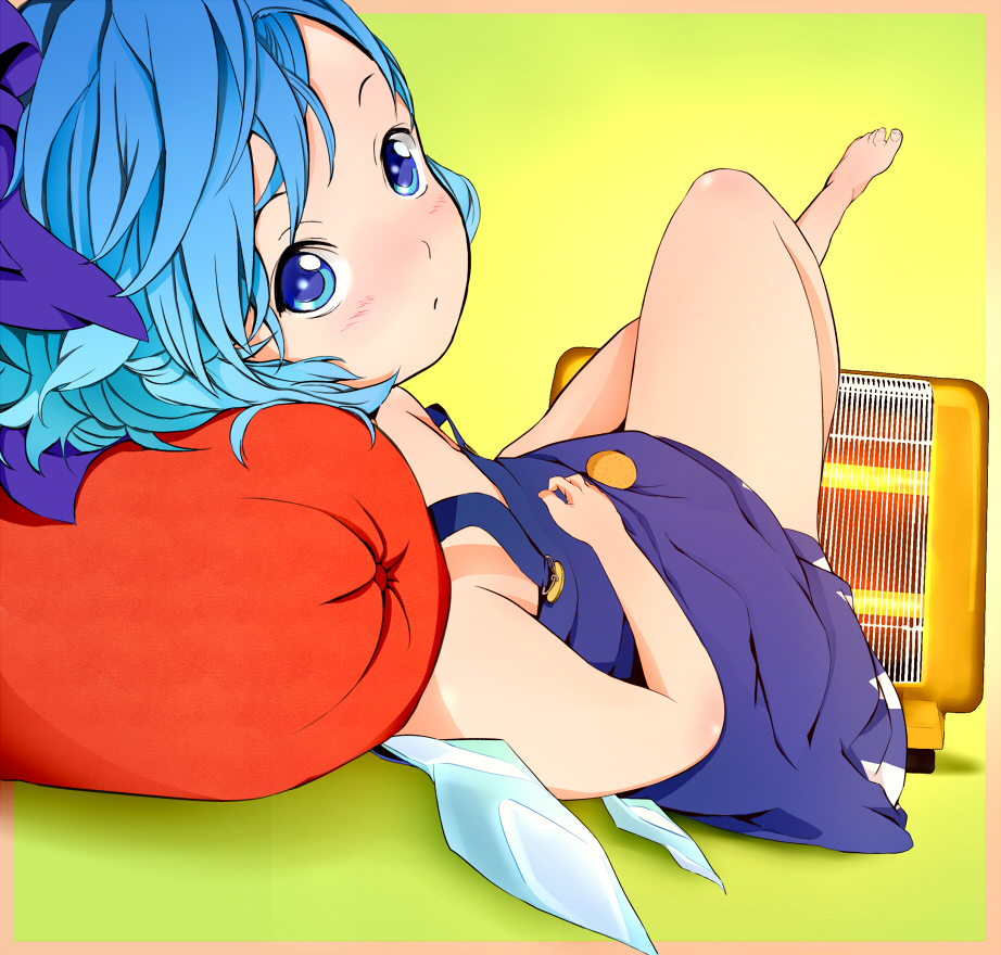 reri, cirno, touhou, 1girl, barefoot, blue eyes, blue hair, blush, feet, female focus, foreshortening, heater, lying, matching hair/eyes, solo, wings