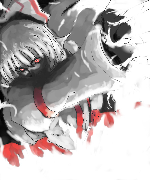 haji (hajiko), hajiko, fujiwara no mokou, touhou, 1girl, female focus, foreshortening, oekaki, slit pupils, solo