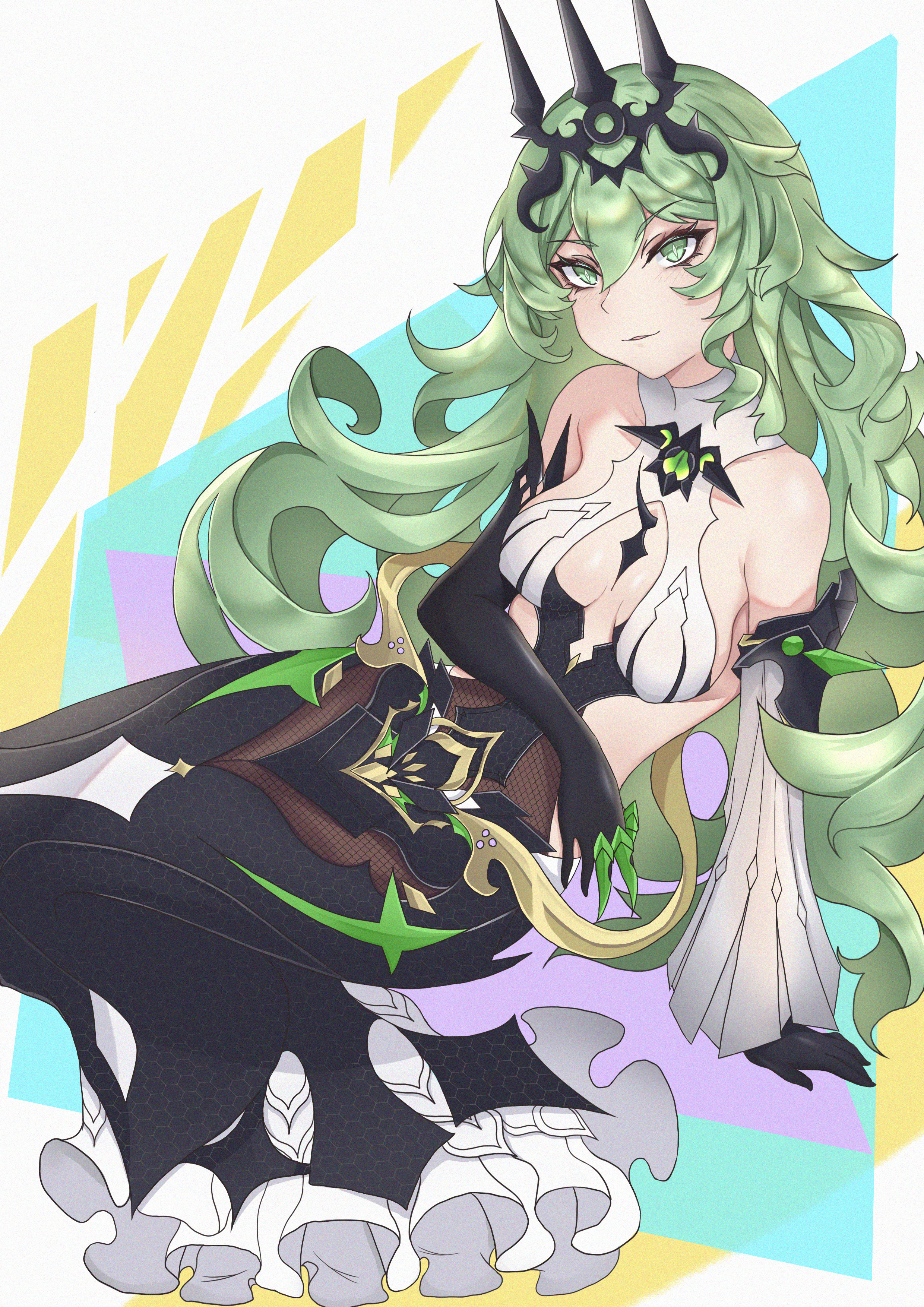 mobius (honkai impact), honkai (series), honkai impact 3rd, absurdres, commentary request, highres, 1girl, asymmetrical gloves, bianxing chong, black dress, black gloves, breasts, claw ring, crown, dress, full body, gloves, green eyes, green hair, long hair, looking at viewer, medium breasts, single sleeve, solo, wavy hair
