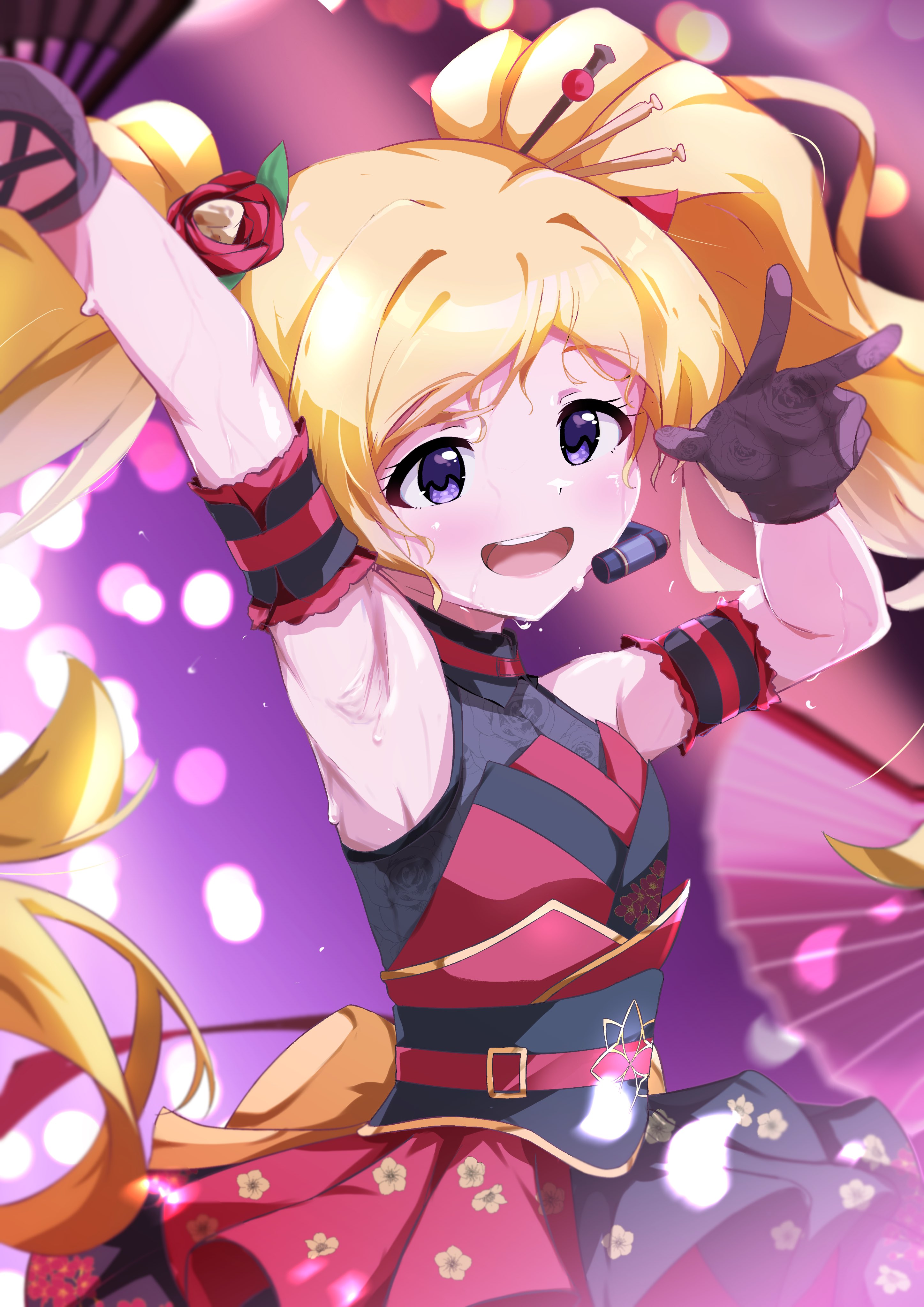 sanami (sanami t 38), emily stewart, idolmaster, idolmaster million live!, absurdres, commentary request, highres, 1girl, alternate costume, black gloves, blonde hair, blurry, blurry background, dress, gloves, hair ornament, microphone, open mouth, purple eyes, sleeveless, solo, teeth, twintails, umbrella, upper teeth only