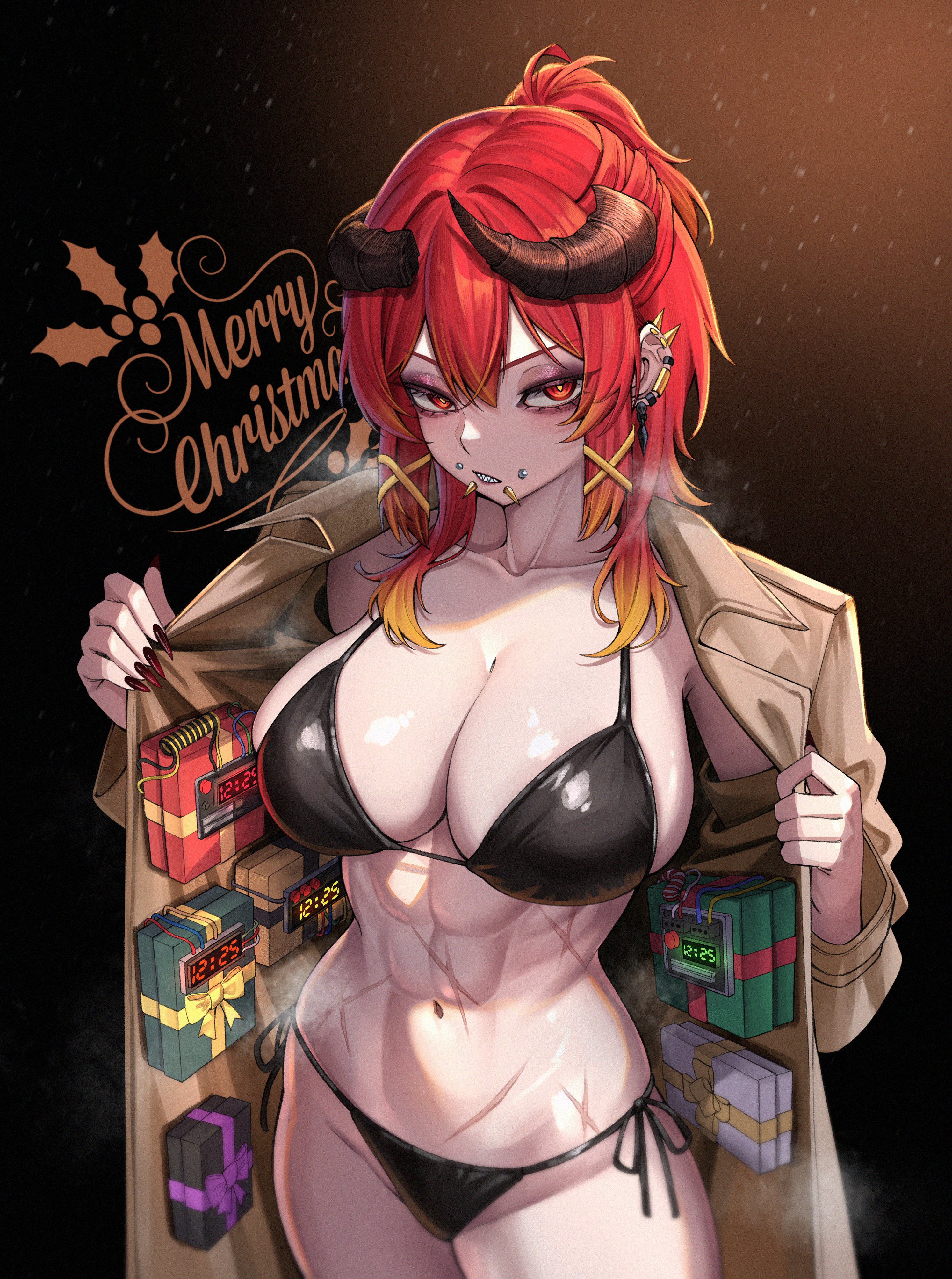 kuraken, original, 1girl, abs, black background, black bra, box, bra, breasts, breasts out, brown background, c4, christmas, coat, cross scar, ear piercing, english text, explosive, face piercing, fingernails, gift, gift box, grad, hair ornament, large breasts, mouth piercing, muscular, muscular female, navel, orange hair, panties, piercing, public indecency, red eyes, scar, sharp fingernails, terrorist, underwear, white iris, x hair ornament