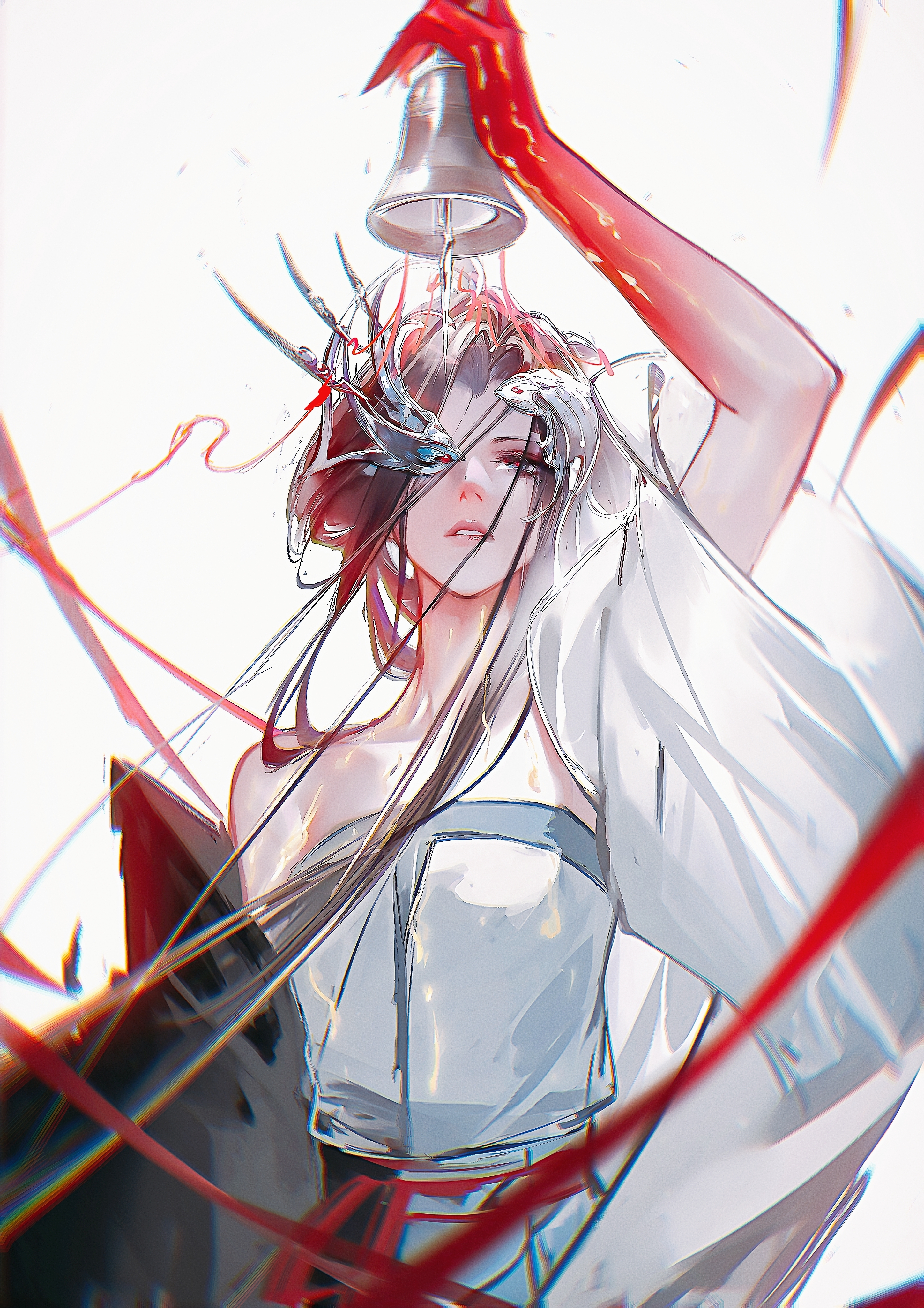 qingci, path to nowhere, absurdres, character request, highres, 1girl, arm up, bare shoulders, bell, black hair, body markings, chinese clothes, colored extremities, curtained hair, dress, fish, floating hair, goldfish, half-closed eyes, heziqun, holding, holding bell, jacket, looking up, multicolored jacket, off shoulder, one eye covered, parted lips, red hands, simple background, solo, straight-on, strapless, strapless dress, two-tone jacket, upper body, white background, white dress