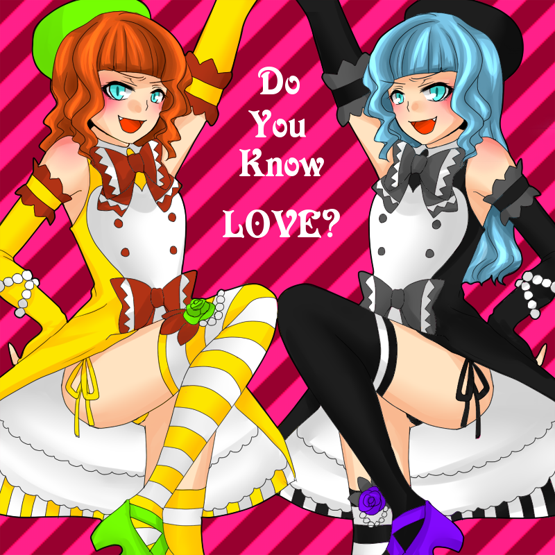 kurome, furfur, zepar, umineko no naku koro ni, bad id, bad pixiv id, 00s, 1boy, 1girl, asymmetrical legwear, beret, blue eyes, blue hair, bow, brown bow, elbow gloves, english text, fang, fingerless gloves, flower, gloves, green flower, green rose, hat, long hair, mismatched legwear, orange hair, panties, rose, symmetry, thighhighs, trap, underwear