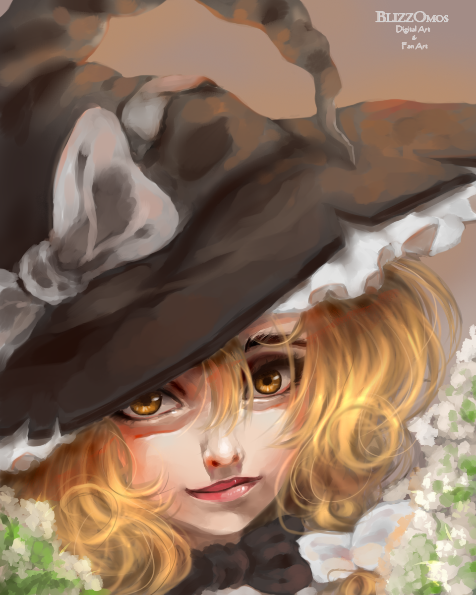 blizzomos, kirisame marisa, touhou, commentary, english commentary, highres, blonde hair, bow, braid, close-up, curly hair, dusk, flower, hat, hat bow, lips, looking at viewer, portrait, realistic, single braid, smile, upper body, white bow, witch hat