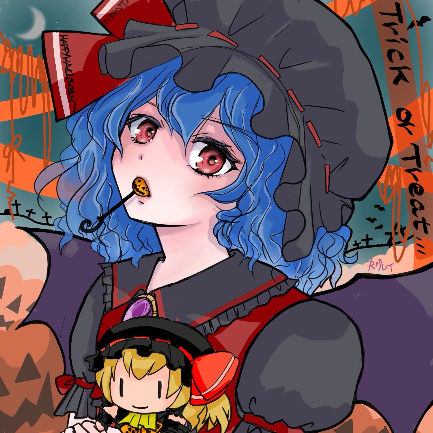 flandre scarlet, remilia scarlet, touhou, highres, 1girl, 2girls, alternate color, artist name, ascot, bat (animal), bat wings, black dress, black hat, black wrist cuffs, blonde hair, blue hair, brooch, candy, character doll, closed mouth, collared dress, cross, doll, dress, food, frilled shirt collar, frills, gem, halloween, happy halloween, hat, holding, holding doll, jewelry, juliet sleeves, long sleeves, looking at viewer, mob cap, moon, multiple girls, night, puffy sleeves, pumpkin ornament, red eyes, red vest, rgley, ribbon-trimmed headwear, ribbon trim, short hair, short sleeves, smile, solo focus, vampire, vest, wings, wrist cuffs, yellow ascot, | |