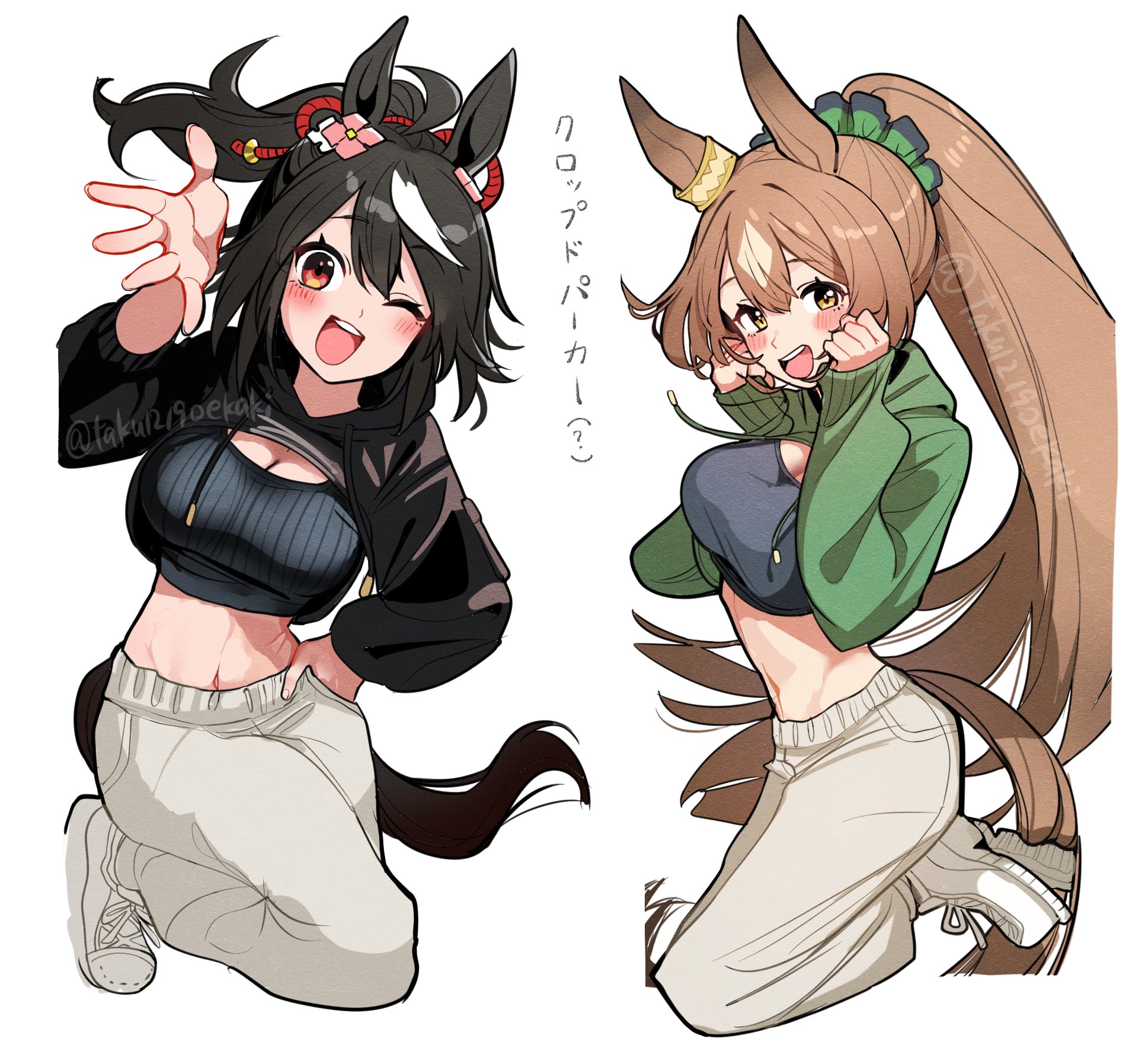 takuan (taku1219oekaki), kitasan black (umamusume), satono diamond (umamusume), umamusume, commentary request, highres, 2girls, :d, abs, animal ears, black hair, black shrug, blush, border, ear ornament, green background, green shrug, hand in pocket, horse ears, horse girl, horse tail, jumping, looking at viewer, midriff, multiple girls, one eye closed, open mouth, pants, ponytail, red eyes, shoes, shrug (clothing), smile, sneakers, tail, tank top, teeth, toned, toned female, twitter username, upper body, upper teeth only, white border, white pants, white shoes, yellow background, yellow eyes