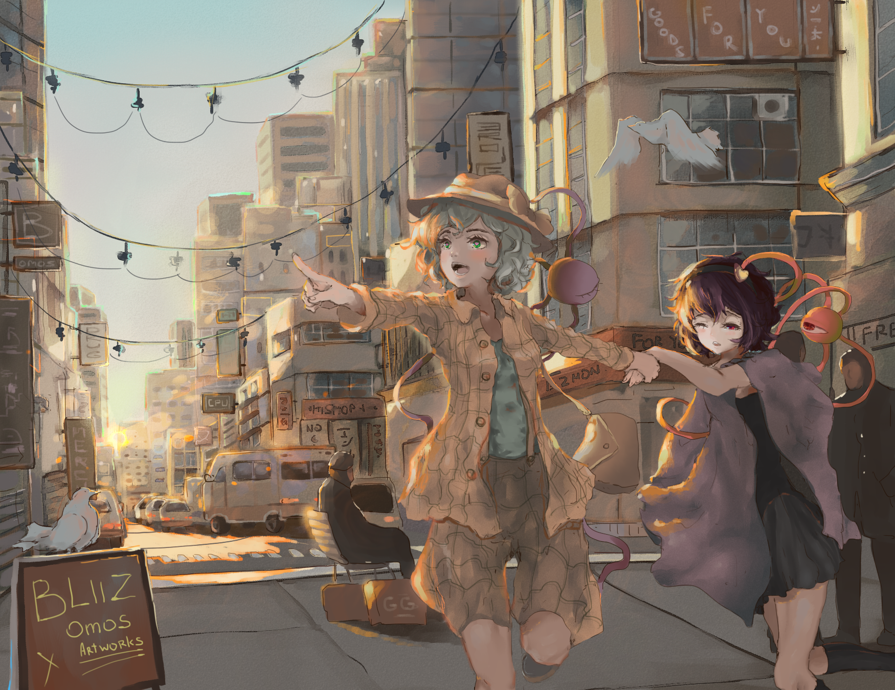 blizzomos, komeiji koishi, komeiji satori, touhou, commentary, english commentary, highres, adapted costume, bird, black hat, blouse, building, car, city, city lights, cityscape, contemporary, crosswalk, dusk, eyeball, flying, green hair, hat, heart, heart of string, holding hands, motor vehicle, pointing, purple hair, road, satori (youkai), scenery, shirt, sky, skyscraper, third eye, traffic light