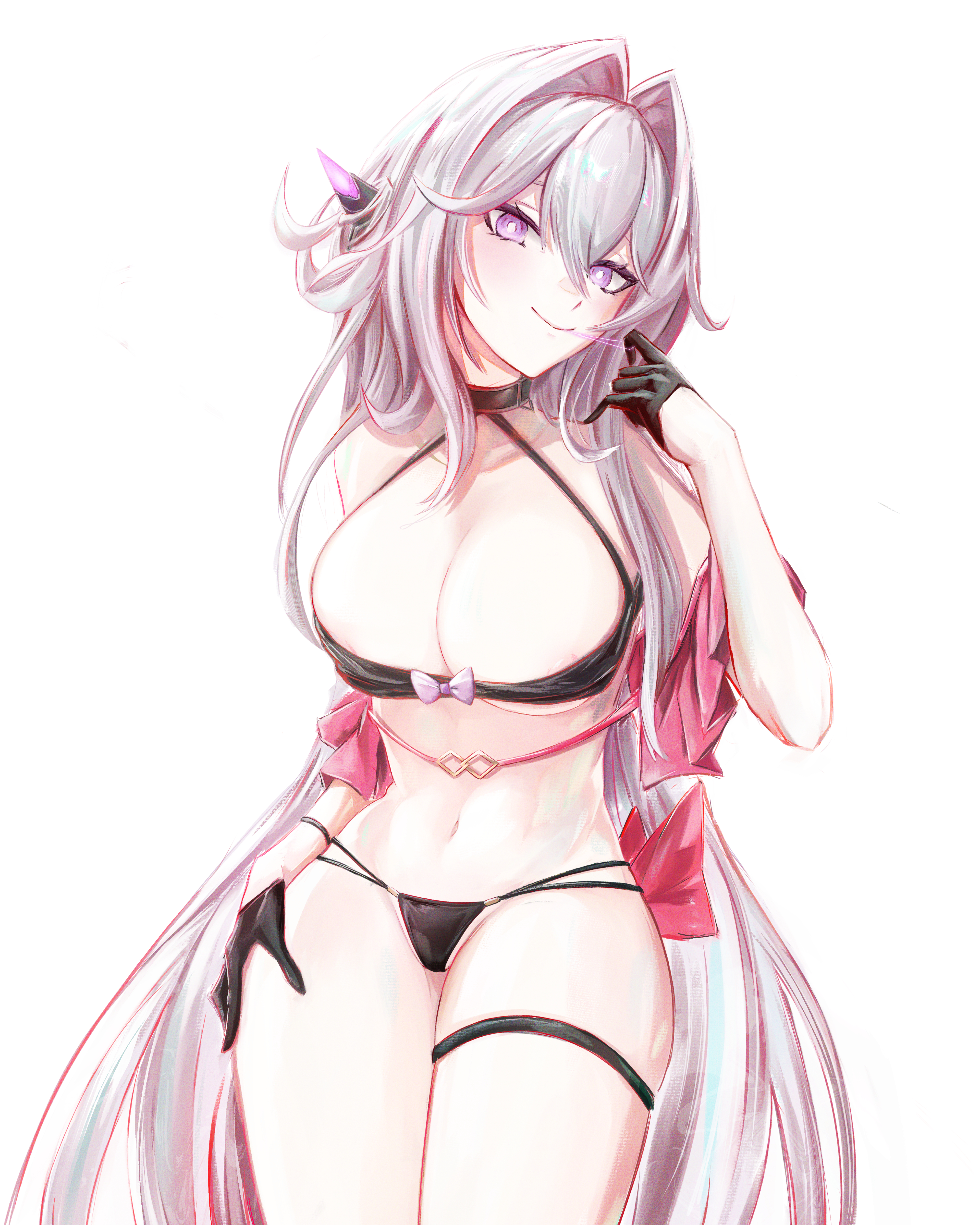 mikasciii, thelema nutriscu, thelema nutriscu (mad pleasure: shadowbringer), honkai (series), honkai impact 3rd, absurdres, commentary, english commentary, highres, 1girl, areola slip, bare shoulders, bikini, black bikini, black choker, black gloves, bright pupils, choker, collarbone, cowboy shot, gloves, grey hair, hair intakes, halterneck, hand up, long hair, looking at viewer, navel, purple eyes, simple background, solo, stomach, swimsuit, thigh strap, thighs, very long hair, white background, white pupils