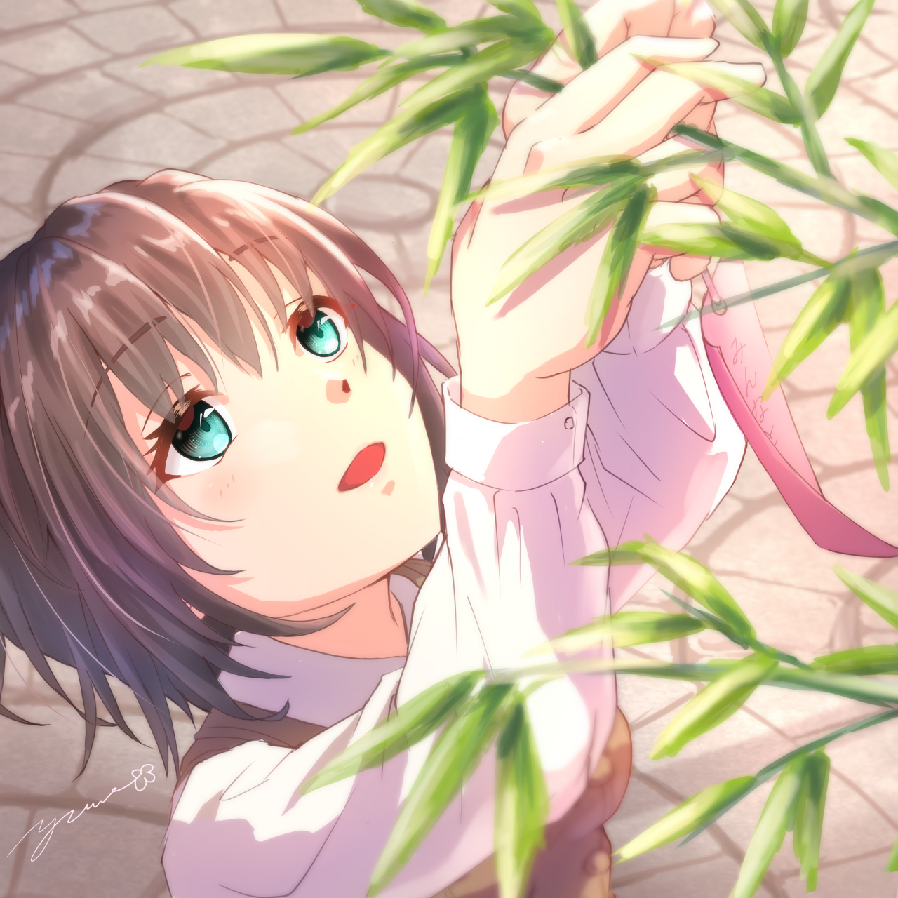 yumeclo, aoi erika, heaven burns red, commentary request, highres, 1girl, :d, aqua eyes, black hair, blush, brown vest, collared shirt, day, hair between eyes, leaf, long sleeves, looking up, medium hair, open mouth, outdoors, shirt, signature, smile, solo, tanabata, upper body, vest, white shirt