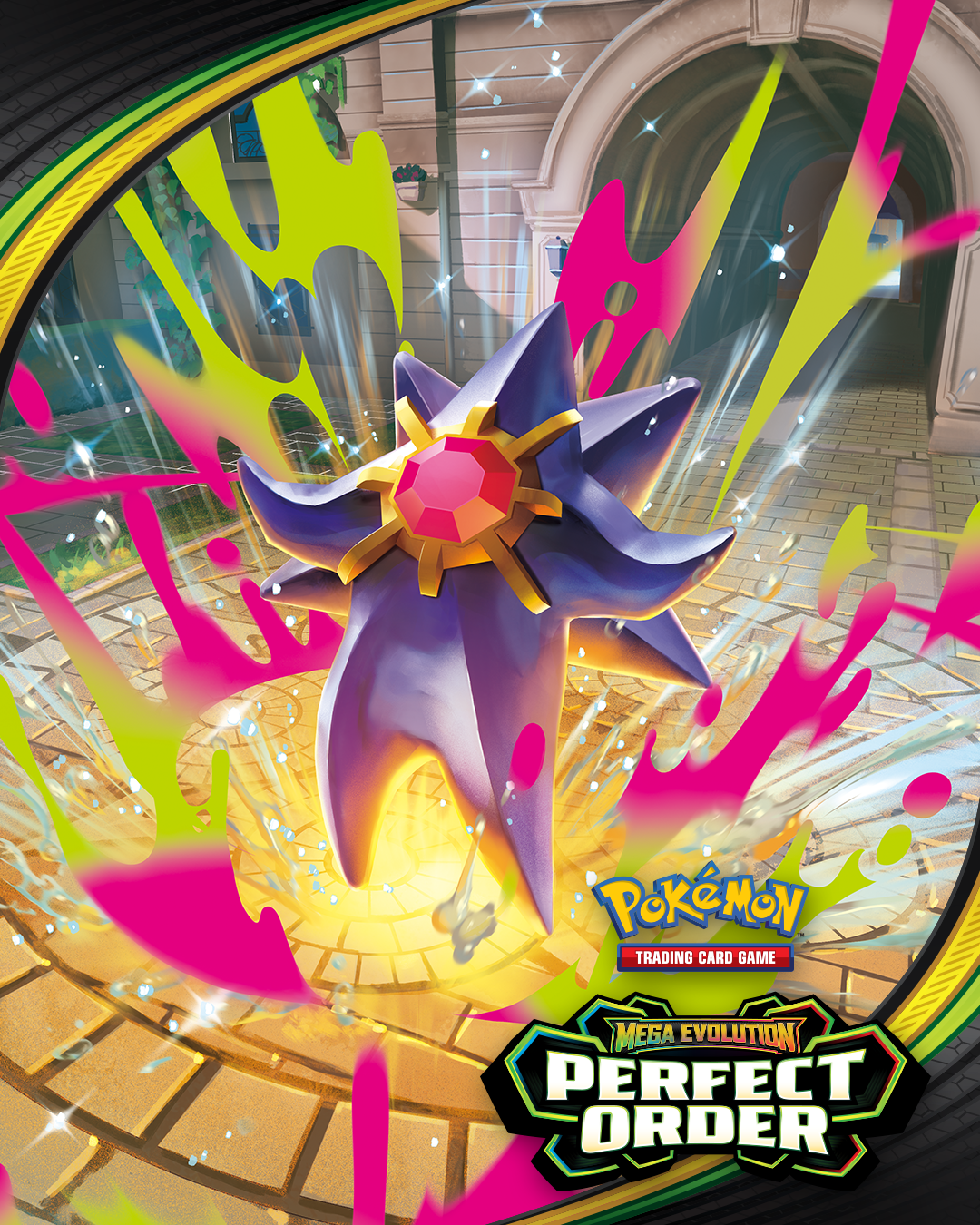 mega starmie, starmie, nintendo, pokemon, pokemon tcg, artist request, commentary, english commentary, highres, official art, second-party source, aura, brick floor, copyright logo, copyright name, english text, full body, gem, gen 1 pokemon, logo, mega pokemon, no humans, pokemon (creature), pokemon focus, red gemstone, solo, sparkle, standing