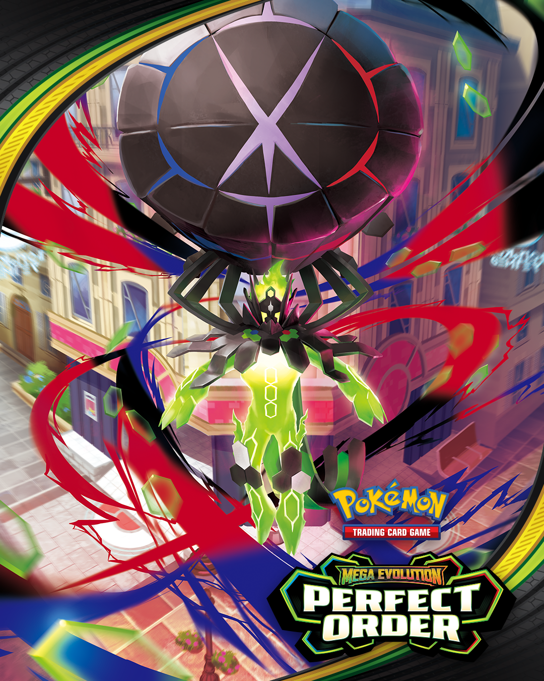 mega zygarde, zygarde, zygarde (complete), nintendo, pokemon, pokemon tcg, artist request, commentary, english commentary, highres, official art, second-party source, spoilers, bench, building, copyright logo, copyright name, english text, floating, full body, gen 6 pokemon, lamppost, legendary pokemon, logo, mega pokemon, pokemon (creature), pokemon center, pokemon focus, solo, straight-on