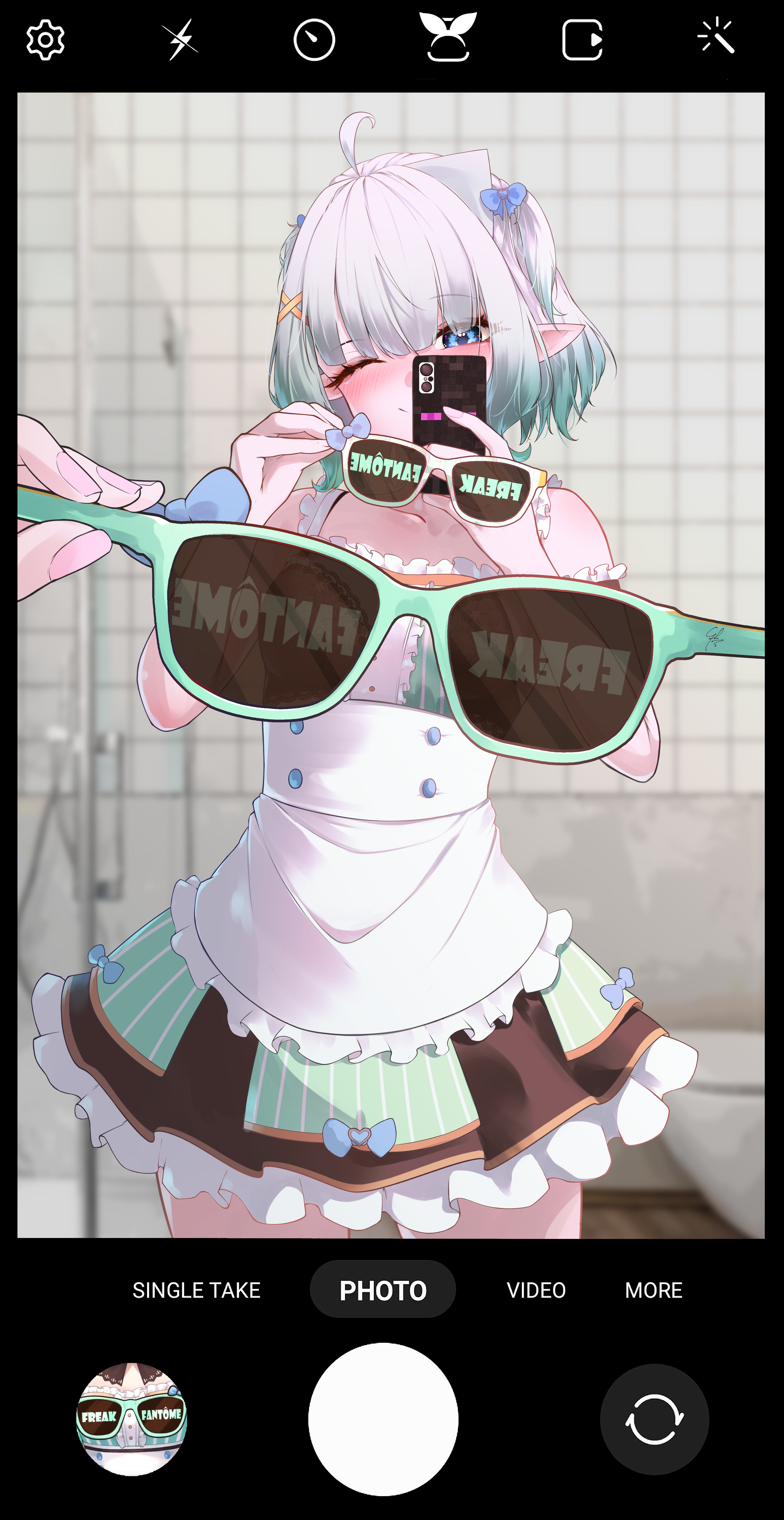 syxh, mint fantome, mint fantome (minto 2.0), densetsu.exe, absurdres, commentary, english commentary, highres, 1girl, ;), apron, bath, black bra, black skirt, blue eyes, blush, bra, cellphone, center frills, dress, eyewear view, fake phone screenshot, fake screenshot, female pov, frilled apron, frilled dress, frills, gradient hair, green dress, green hair, hair ornament, hairclip, holding, holding phone, holding removed eyewear, lace, lace bra, maid, maid headdress, miniskirt, mirror selfie, multicolored hair, one eye closed, phone, pointy ears, pov, reflection, reflection focus, selfie, short hair, skirt, skirt under dress, sleeveless, sleeveless dress, smartphone, smile, solo, striped clothes, striped dress, sunglasses, triangular headpiece, two side up, underwear, unworn eyewear, vertical-striped clothes, vertical-striped dress, virtual youtuber, waist apron, wavy hair, white apron, white hair, x-ray glasses, x-ray vision, x hair ornament