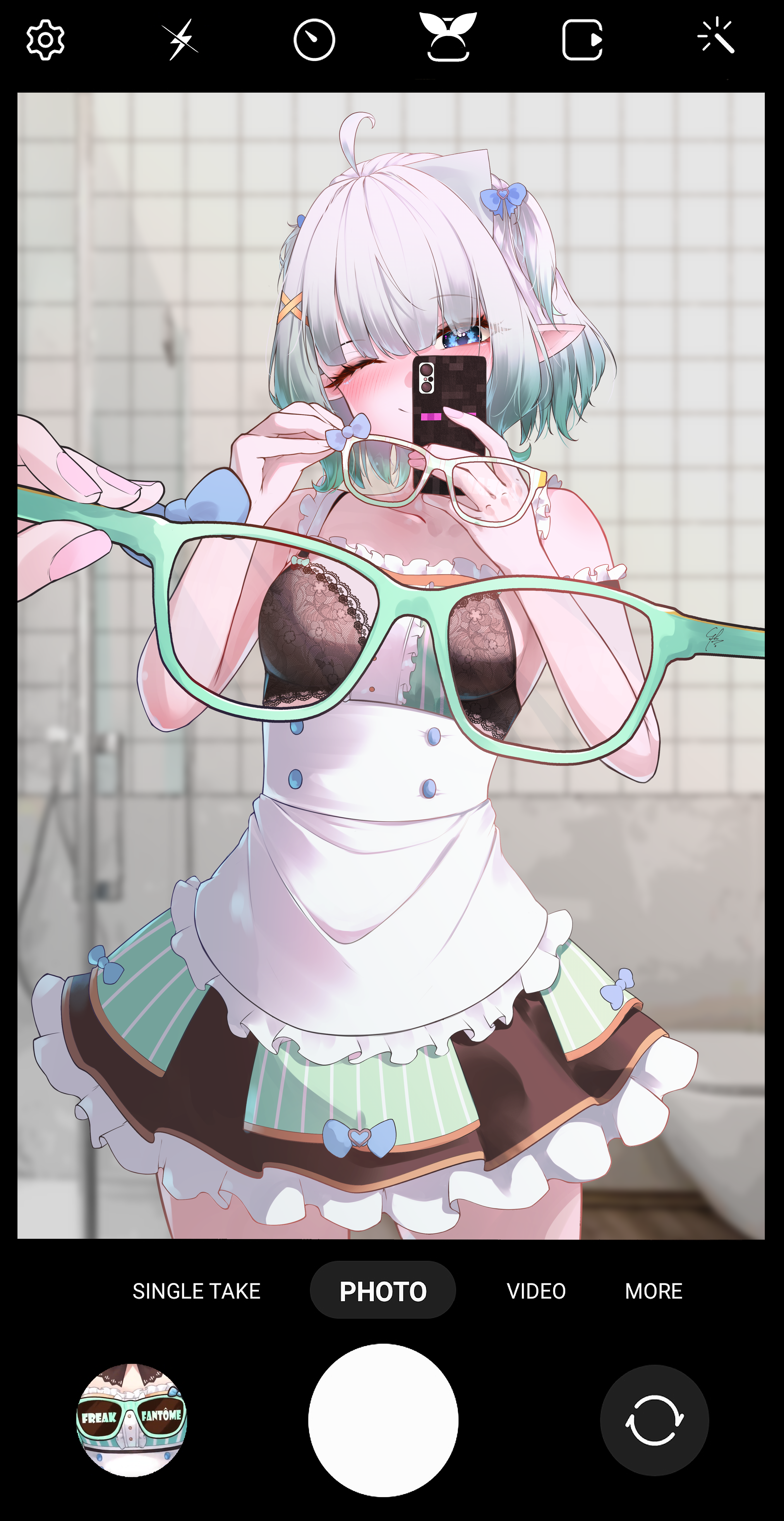 syxh, mint fantome, mint fantome (minto 2.0), densetsu.exe, absurdres, commentary, english commentary, highres, 1girl, ;), apron, bath, black bra, black skirt, blue eyes, blush, bra, cellphone, center frills, dress, eyewear view, fake phone screenshot, fake screenshot, female pov, frilled apron, frilled dress, frills, glasses, gradient hair, green dress, green hair, hair ornament, hairclip, holding, holding phone, holding removed eyewear, lace, lace bra, maid, maid headdress, miniskirt, mirror selfie, multicolored hair, one eye closed, phone, pointy ears, pov, reflection, reflection focus, selfie, short hair, skirt, skirt under dress, sleeveless, sleeveless dress, smartphone, smile, solo, striped clothes, striped dress, triangular headpiece, two side up, underwear, unworn eyewear, vertical-striped clothes, vertical-striped dress, virtual youtuber, waist apron, wavy hair, white apron, white hair, x-ray glasses, x-ray vision, x hair ornament