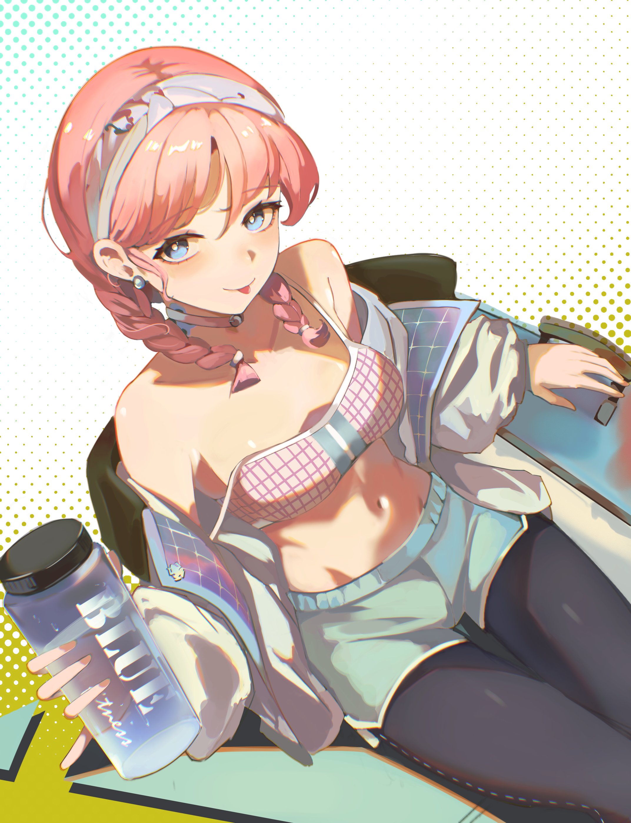 dizzen, blue poison (arknights), arknights, absurdres, commentary, highres, symbol-only commentary, 1girl, bare shoulders, black pantyhose, blue eyes, breasts, bright pupils, collarbone, crop top, earrings, jewelry, looking at viewer, medium breasts, midriff, navel, pantyhose, pink hair, short shorts, shorts, sitting, solo, tongue, tongue out, twintails, white background, white pupils
