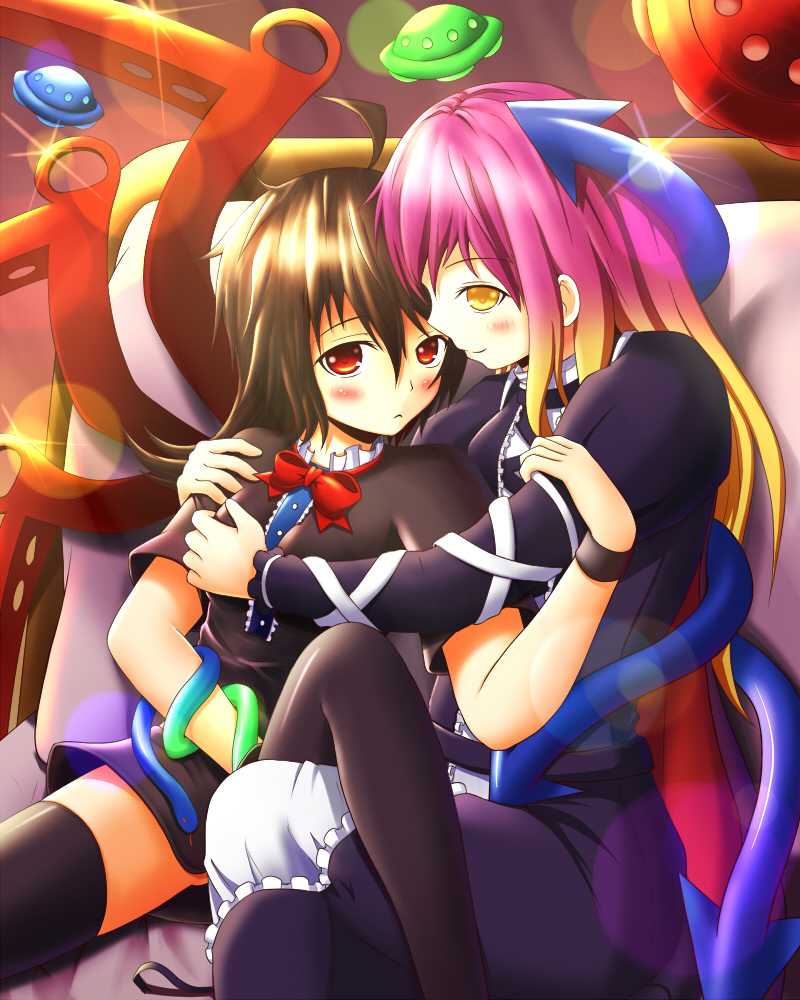 yunomi chawan, hijiri byakuren, houjuu nue, touhou, bad id, bad pixiv id, 2girls, black hair, black thighhighs, breasts, cape, dress, female focus, grabbing another's breast, gradient hair, groping, long hair, multicolored hair, multiple girls, red eyes, short hair, snake, thighhighs, wings, yellow eyes, yuri, zettai ryouiki