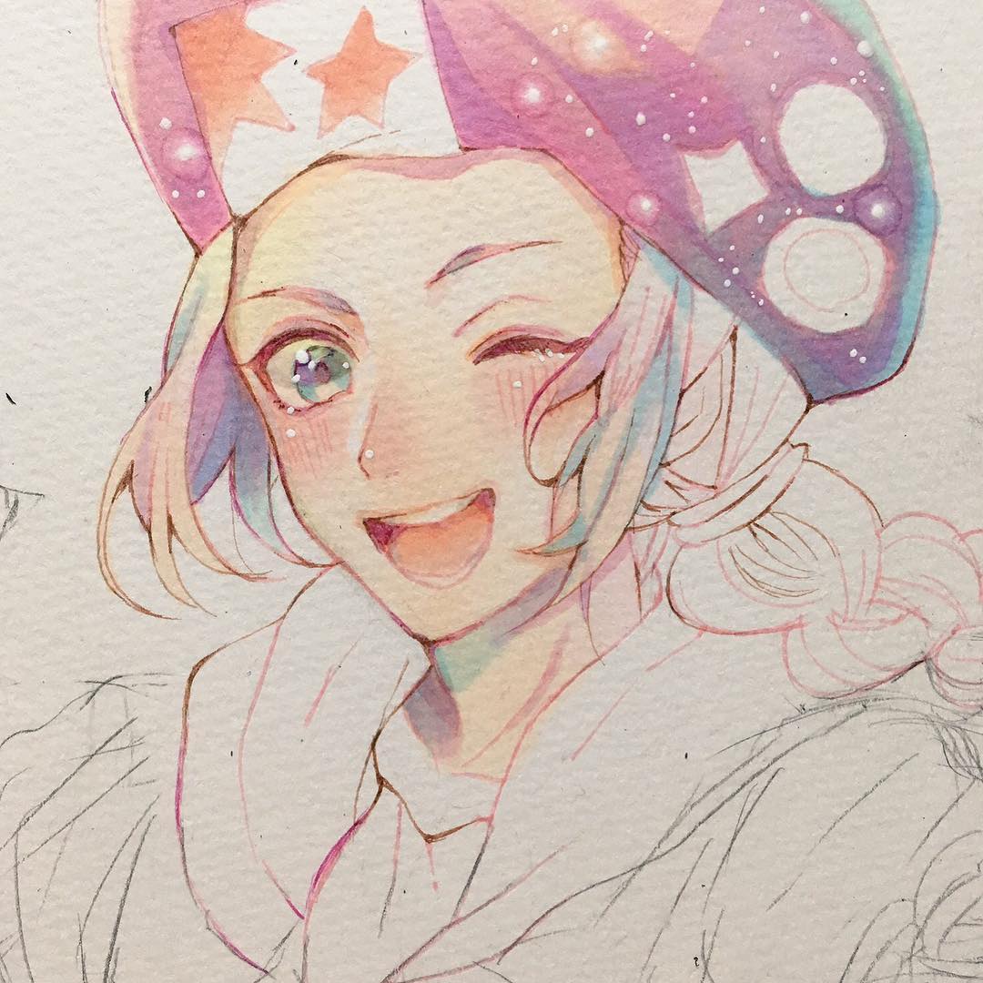 wolfgang amadeus mozart (classicaloid), classicaloid, commentary request, painting (medium), traditional media, unfinished, watercolor (medium), 1boy, androgynous, blue eyes, blush, hat, looking at viewer, male focus, mofunoshin, one eye closed, open mouth, pink hat, solo, upper body