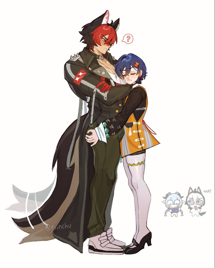 riinchu, belle (zenless zone zero), komano manato, komano manato (white heart silhouette), lucia elowen, non-web source, animal ears, ass, blood, blue hair, blush, bulge, dog boy, dog ears, dog tail, face to pecs, grabbing another's ass, groping, head on chest, huge ass, male focus, motion lines, nosebleed, sexually suggestive, size difference, surprised, tail, tail wagging