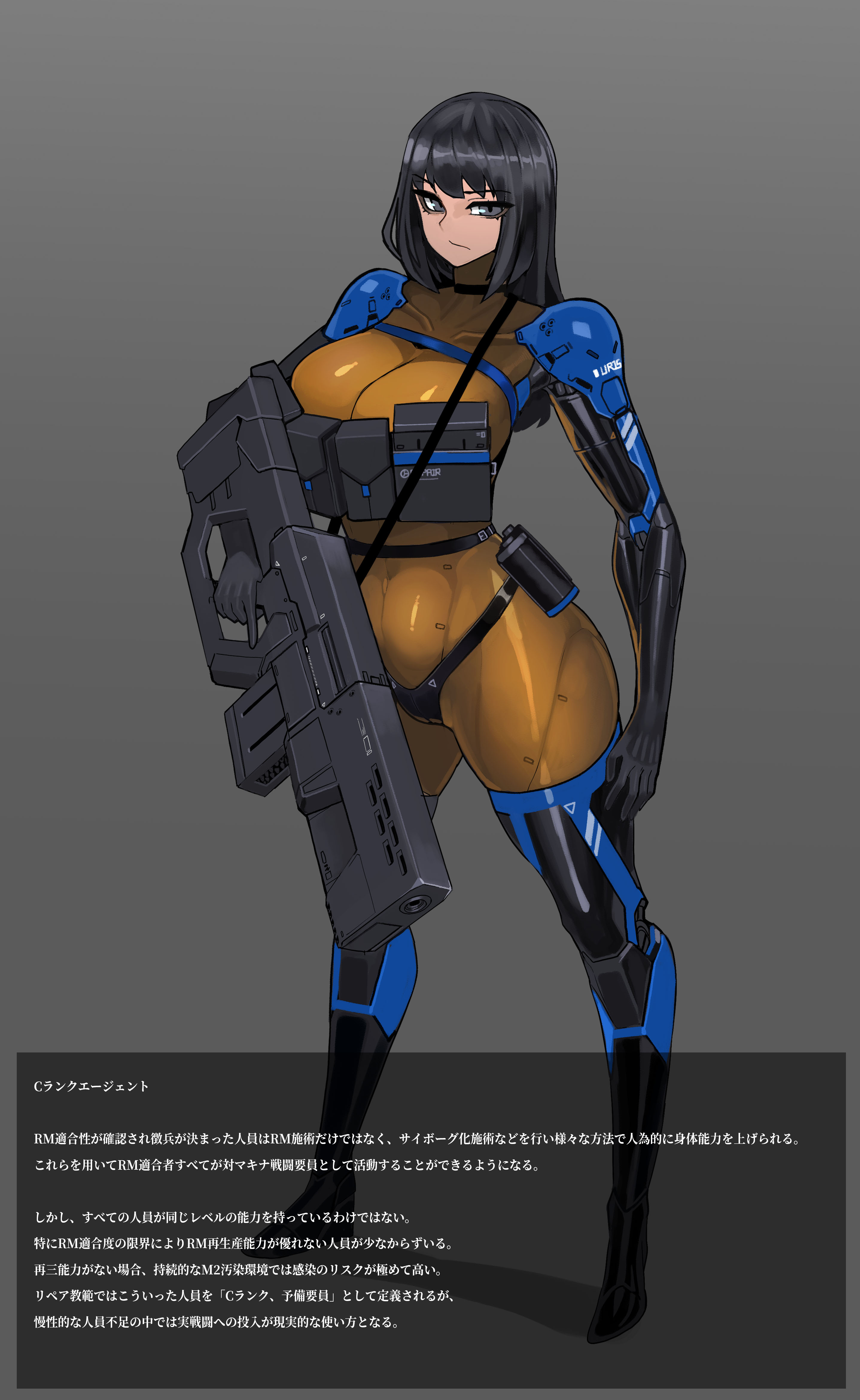 platinum1945, original, absurdres, commentary, english commentary, highres, translation request, belt, black hair, bodystocking, bodysuit, breasts, cleavage, grey eyes, gun, high heels, holding, holding gun, holding weapon, large breasts, long hair, looking at viewer, panties, sidelocks, thick thighs, thighs, underwear, weapon