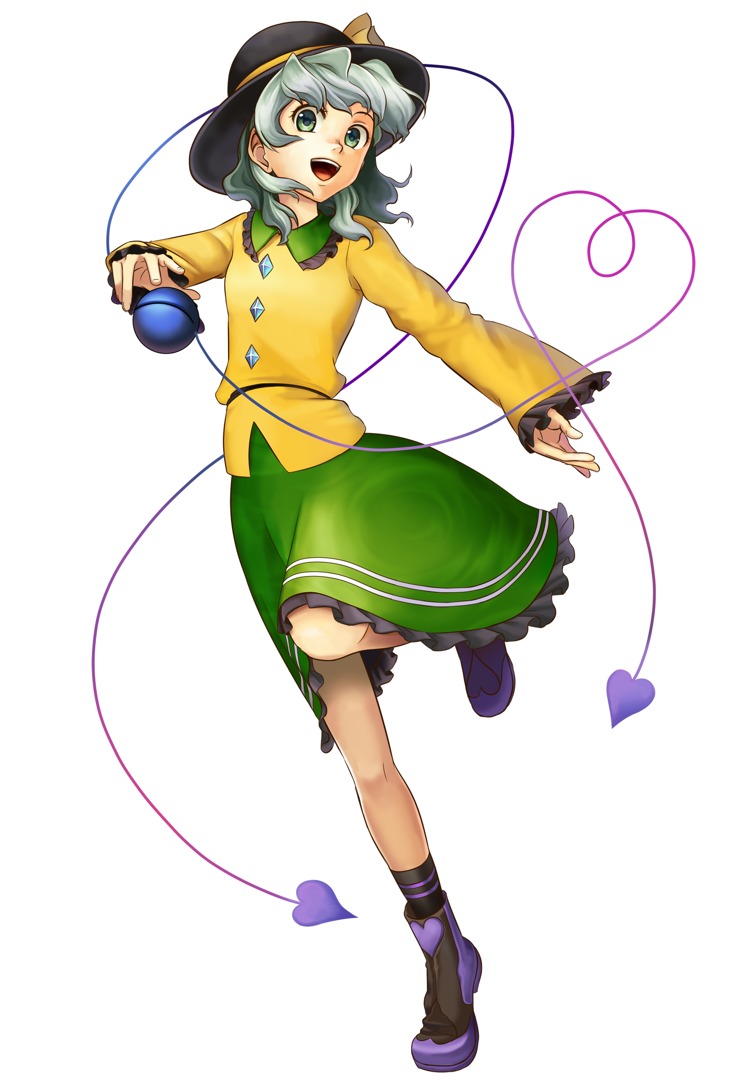 hiuga, hm (toraoh), komeiji koishi, touhou, bad id, bad pixiv id, highres, 1girl, female focus, full body, green eyes, green hair, hat, heart, heart of string, matching hair/eyes, open mouth, short hair, smile, solo, transparent background