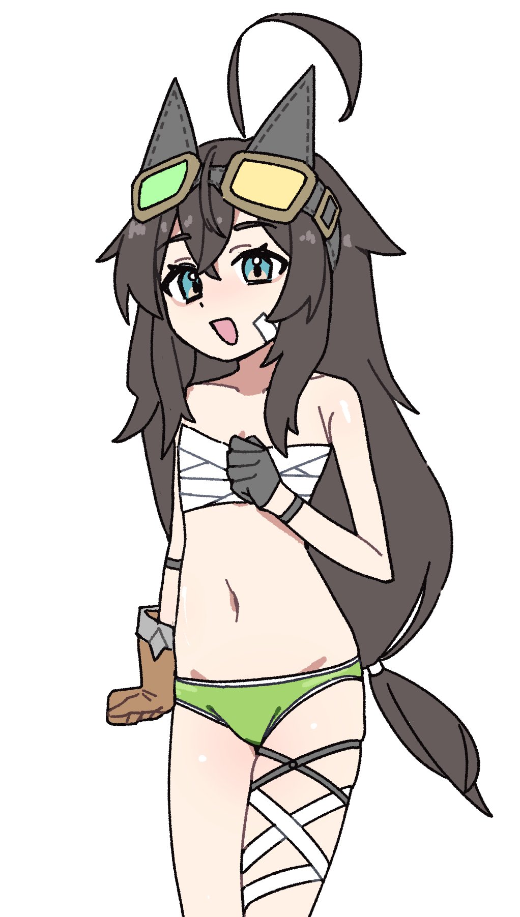 tsunderemaids, teresa (stella sora), stella sora, commentary, english commentary, highres, 1girl, ahoge, aqua eyes, bandage on face, bandages, bare shoulders, brown gloves, brown hair, buruma, chest sarashi, closed mouth, collarbone, cowboy shot, dot mouth, flat chest, gloves, goggles, goggles on head, green buruma, huge ahoge, long hair, looking at viewer, low-tied long hair, navel, open mouth, panties, panties under buruma, panty peek, sarashi, smile, solo, standing, stomach, thighs, underwear, very long hair, white panties