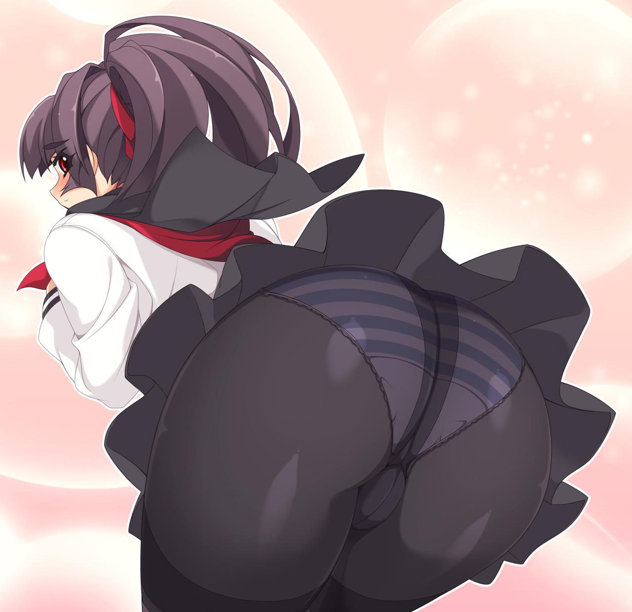 mel/a, akatsuki alut, saionji mikoto, original, highres, 1girl, ass, bent over, black hair, blush, crotch seam, fat mons, female focus, long hair, looking back, panties, panties under pantyhose, pantyhose, pantyshot, ponytail, school uniform, skirt, solo, striped clothes, striped panties, thighband pantyhose, underwear, upskirt