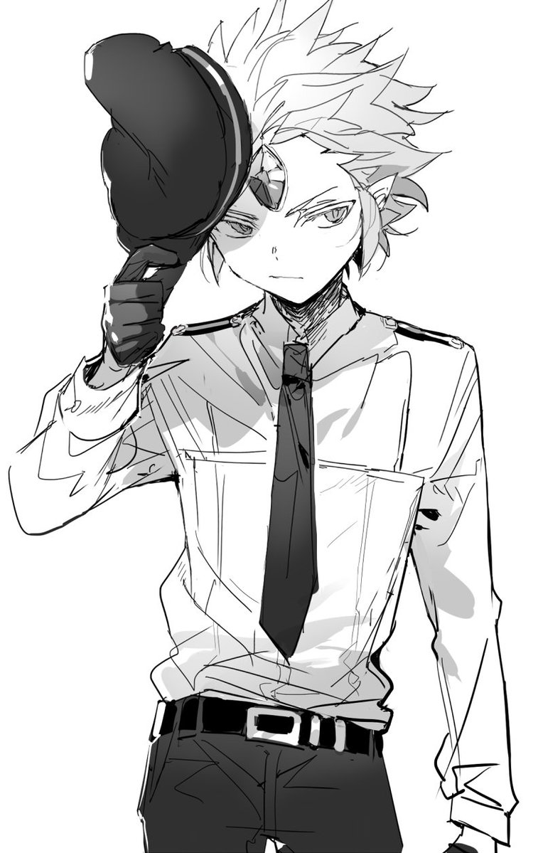 nana (ebitokanimiso), wind archer cookie, cookie run, bad id, bad twitter id, inactive account, painttool sai (medium), 1boy, alternate costume, belt, collared shirt, contemporary, cowboy shot, forehead jewel, greyscale, hat, hat tip, humanization, jitome, male focus, monochrome, necktie, pants, pointy ears, police, police uniform, policeman, shirt, short hair, sketch, white background