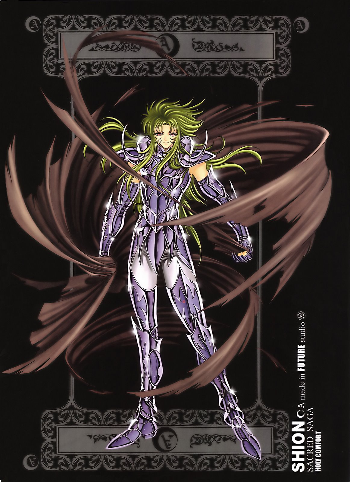 future studio (artist), aries shion, sacred saga, saint seiya, highres, 1boy, armor, character name, english text, green hair, lens flare, long hair, male focus, pink eyes, purple eyes, solo