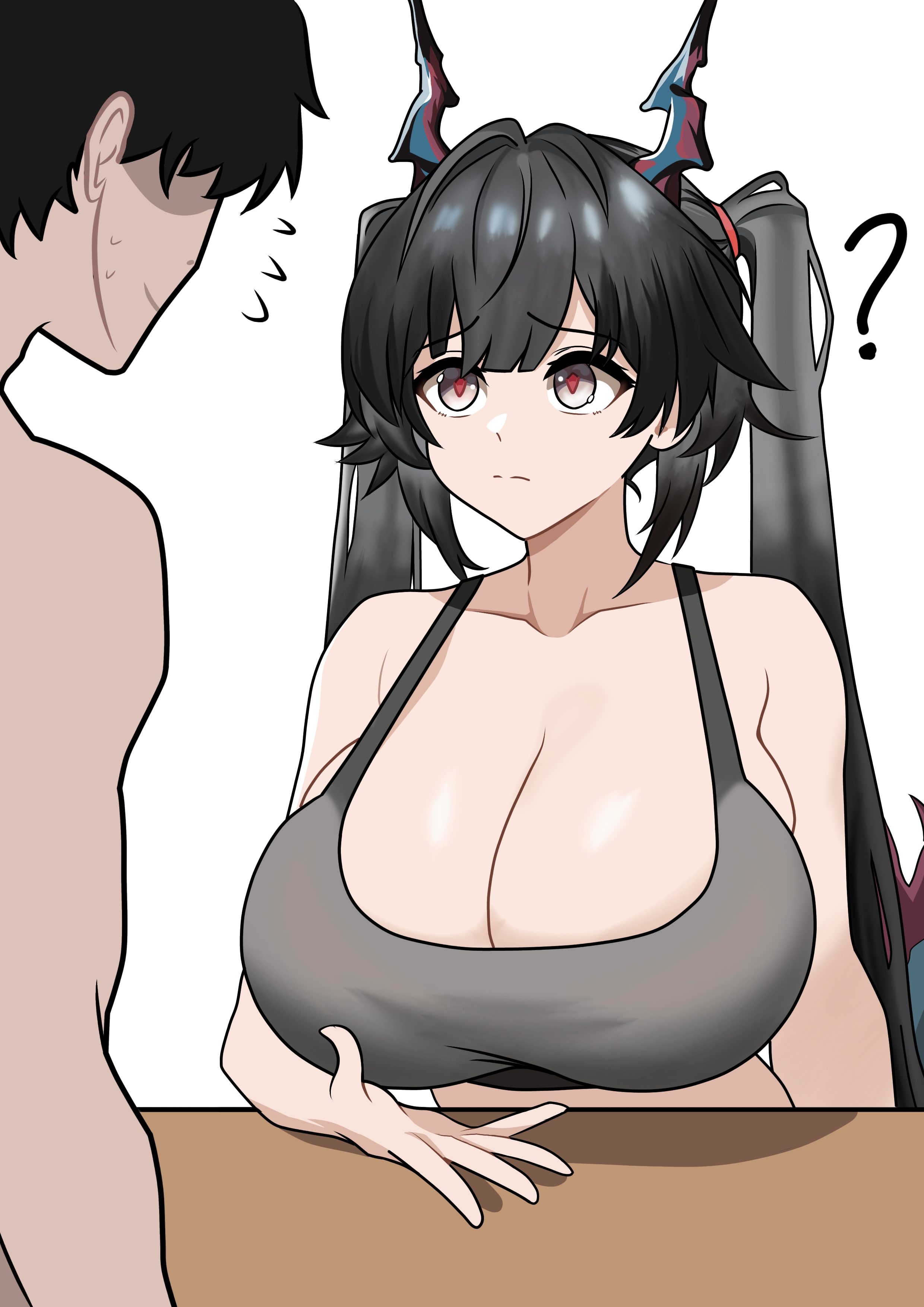 witchrosemary, chen qianyu (arknights), arknights, arknights: endfield, absurdres, commentary, highres, 1boy, 1girl, ?, alternate breast size (larger), bare shoulders, black hair, black sports bra, boobs? wanna touch boobs? (meme), breasts, cleavage, closed mouth, collarbone, dragon girl, dragon horns, dragon tail, grey eyes, hetero, horns, huge breasts, long hair, looking at another, meme, simple background, solo focus, sports bra, tail, twintails, upper body, very long hair, white background