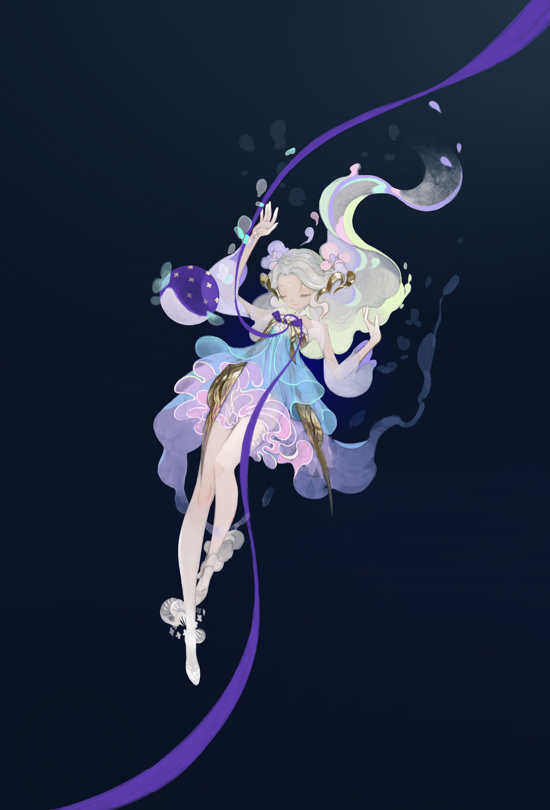 monkeydaly, absurdres, copyright request, highres, closed eyes, double bun, dress, fish, flower, glowing, hair bun, layered dress, lipstick, long hair, makeup, puffer fish, ribbon, underwater, white hair