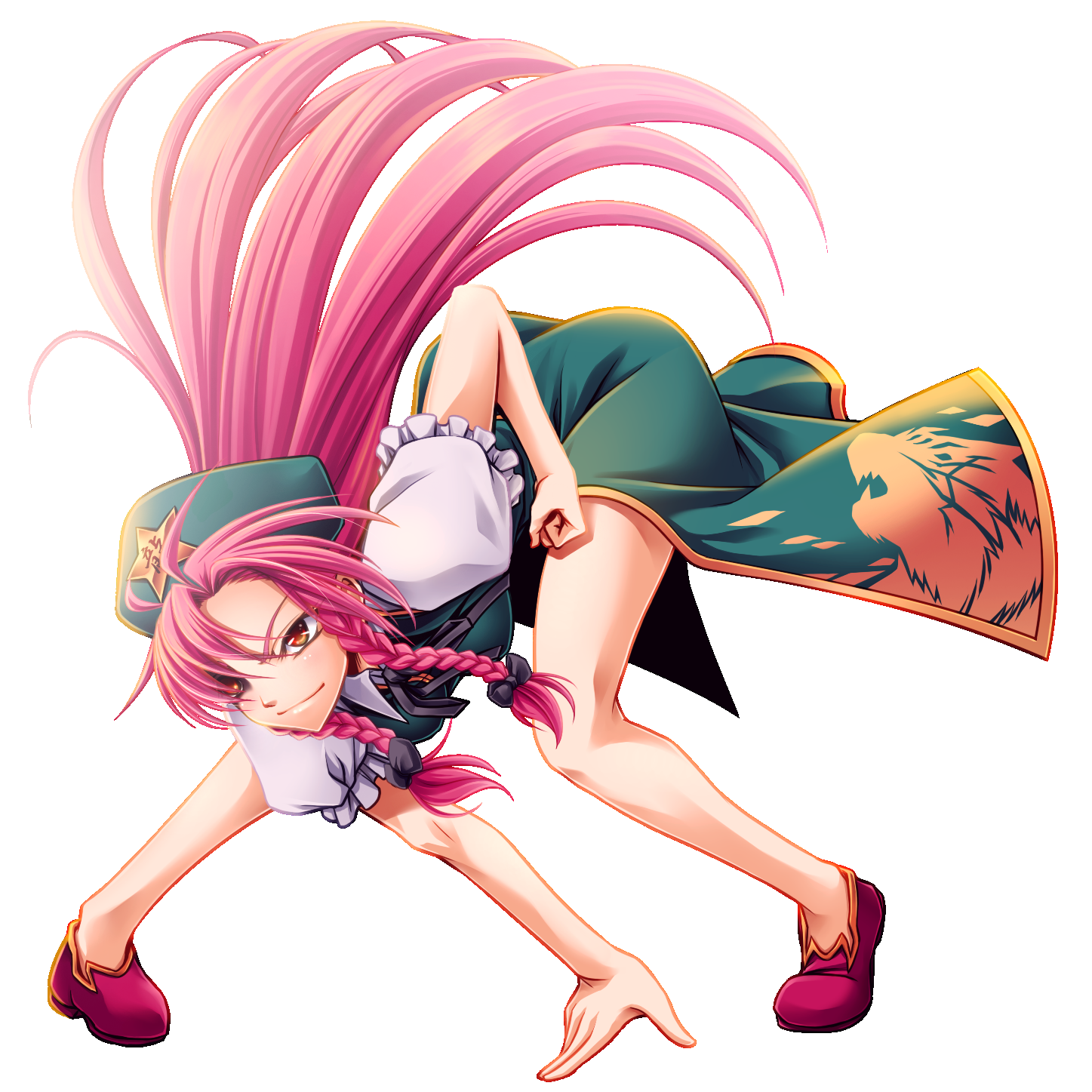 uraomote, hong meiling, embodiment of scarlet devil, touhou, highres, 1girl, braid, china dress, chinese clothes, dress, female focus, full body, hat, long hair, red eyes, red hair, shoes, solo, transparent background, twin braids