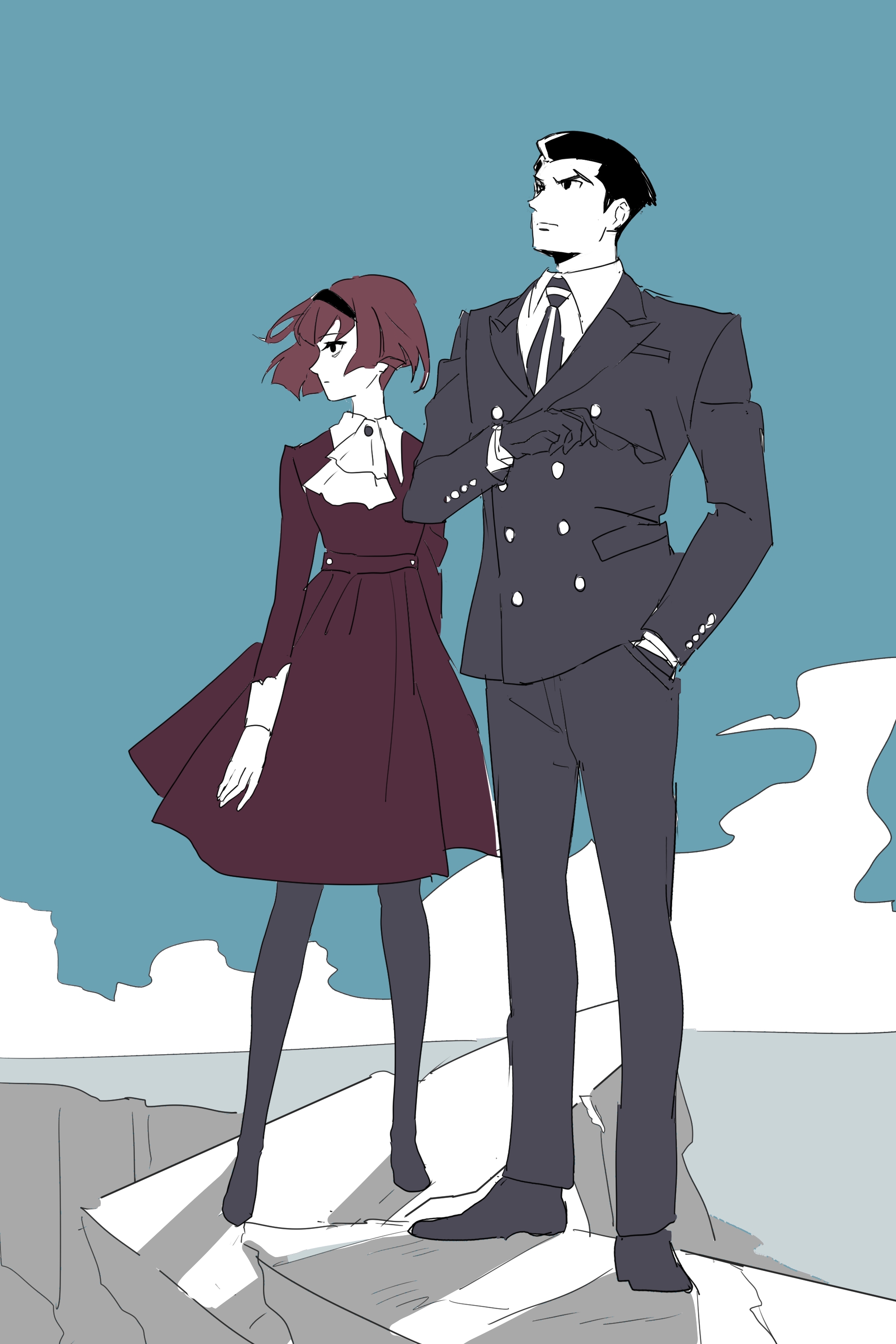 r dorothy wayneright, roger smith, the big o, absurdres, commentary request, highres, 1boy, 1girl, ascot, closed mouth, full body, gloves, hairband, hand in pocket, jacket, long sleeves, looking ahead, necktie, outdoors, shikalq, short hair, standing, striped clothes, striped necktie, v-shaped eyebrows