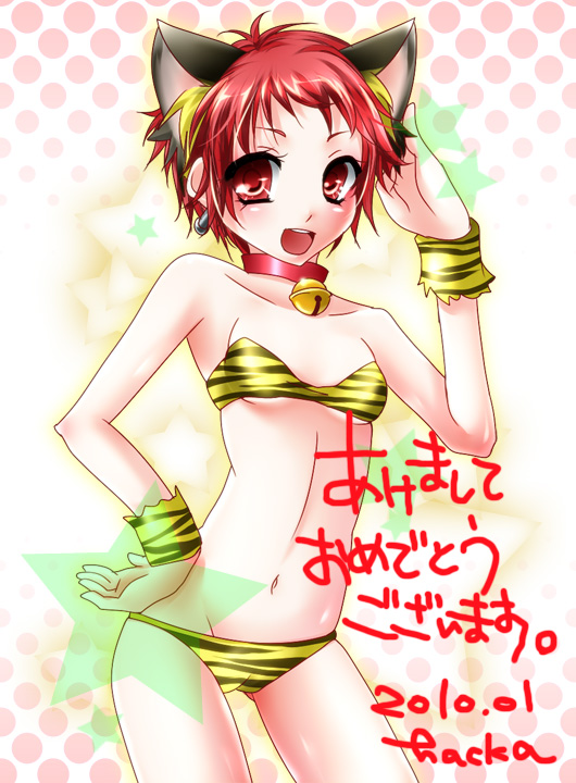hacka, bad id, bad pixiv id, translation request, animal ears, animal print, bell, bikini, cat ears, jingle bell, red eyes, red hair, short hair, solo, swimsuit, tiger print